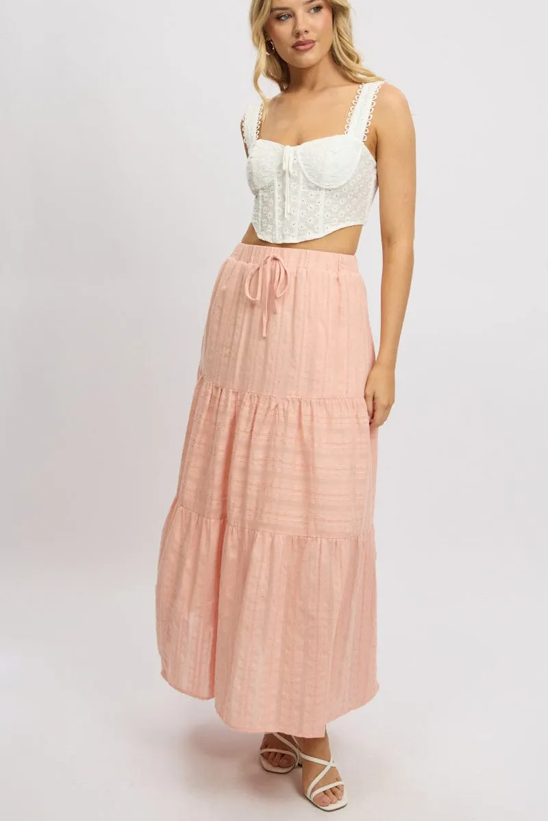Smooth Cut Orange Tiered Maxi Skirt High Rise Elastic Waist Lined