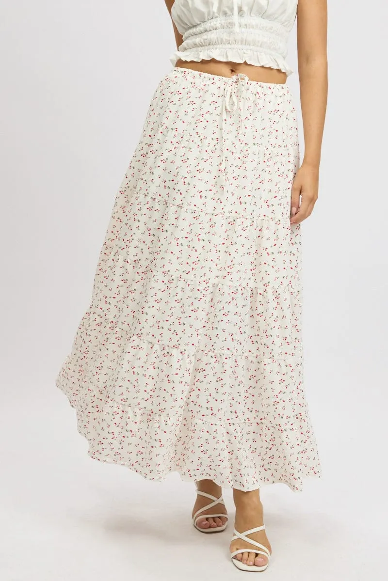 Flexible Material All Season White Ditsy Maxi Skirt Tiered High Rise