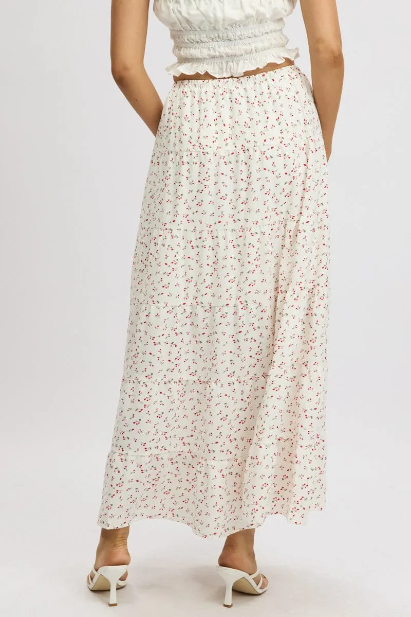 White Ditsy Maxi Skirt Tiered High Rise Easy Care