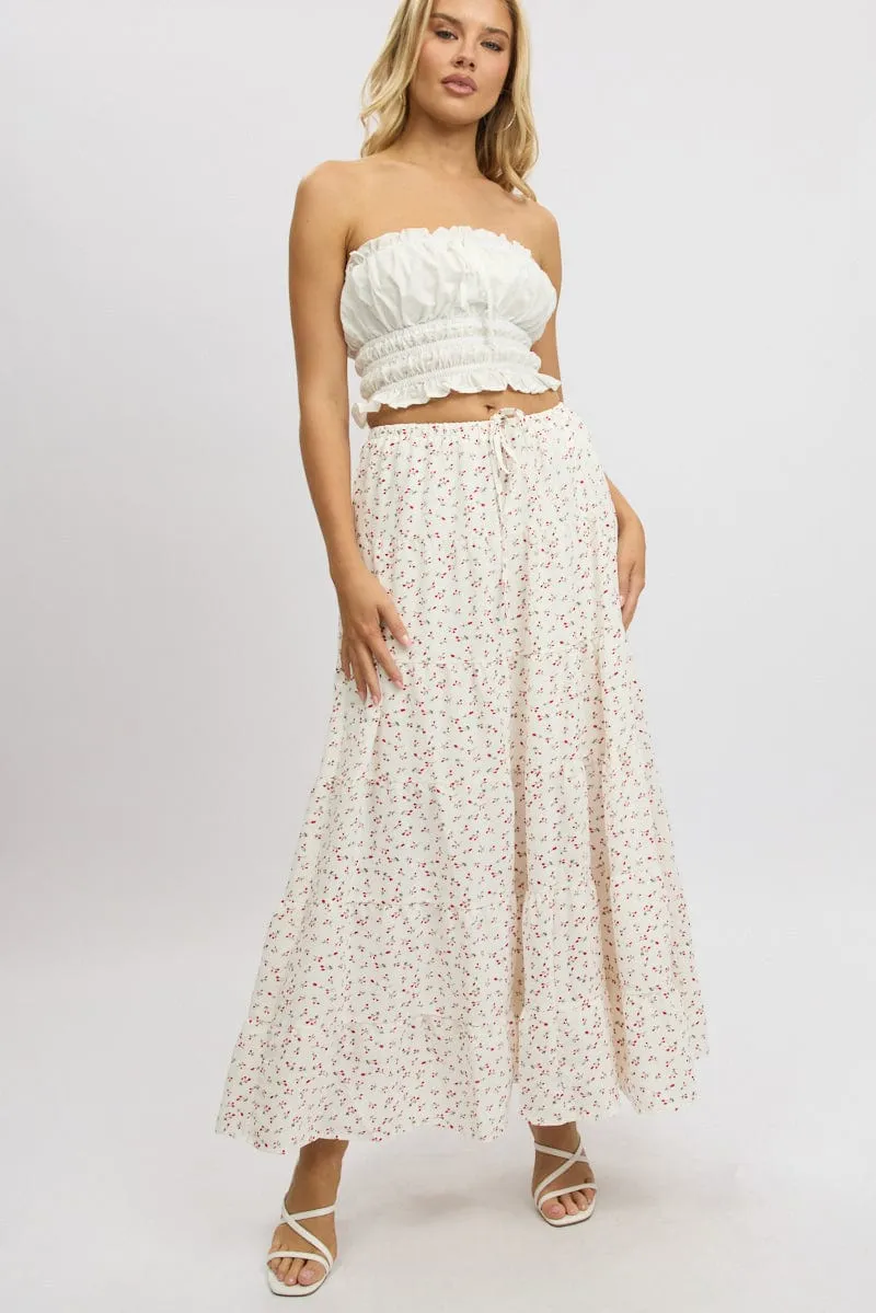 Fresh Fit White Ditsy Maxi Skirt Tiered High Rise