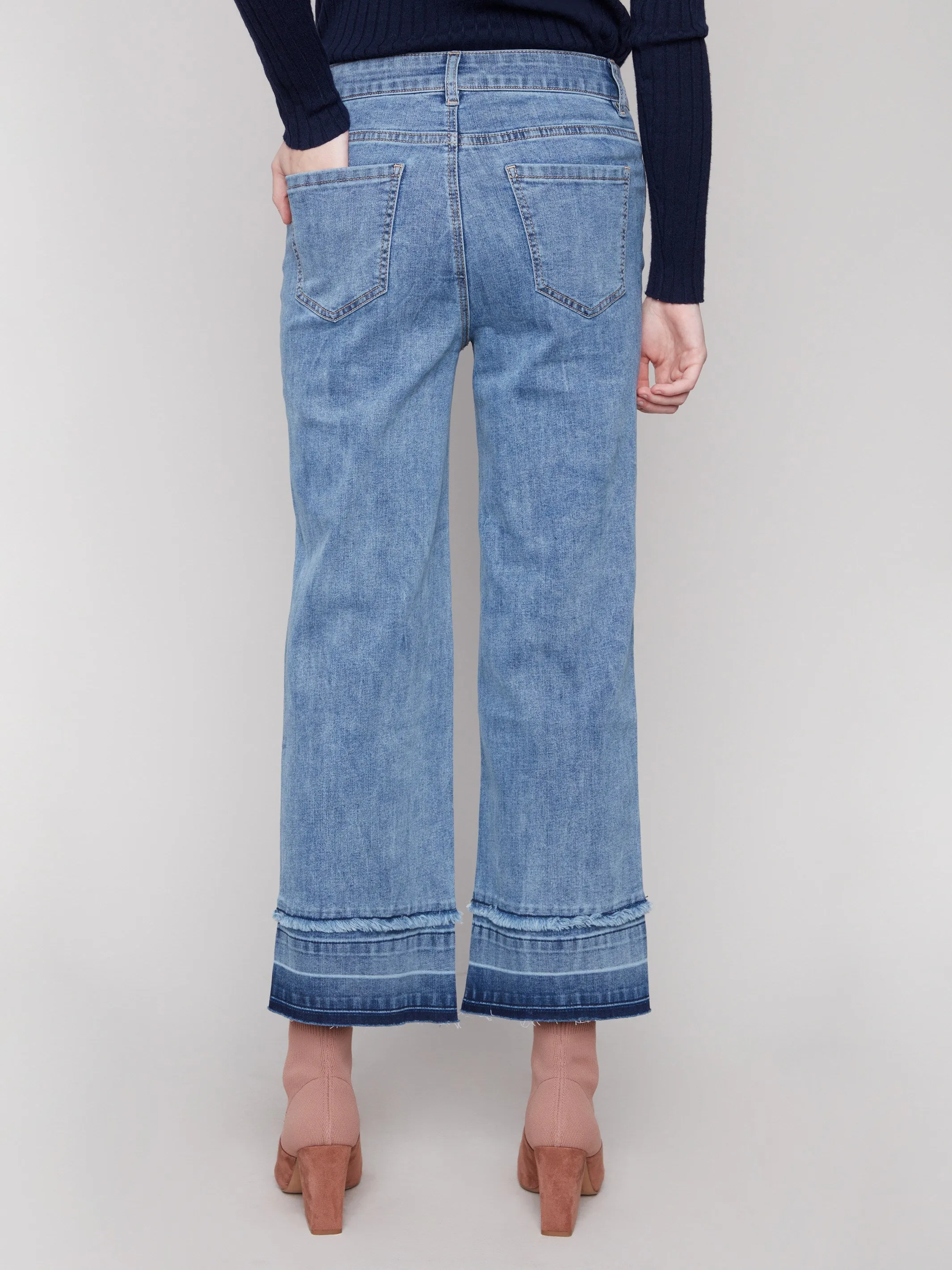 Morning Stroll Music Event Office Wear Quality Wear Flare Leg Jeans With Fringed Hem - Medium Blue