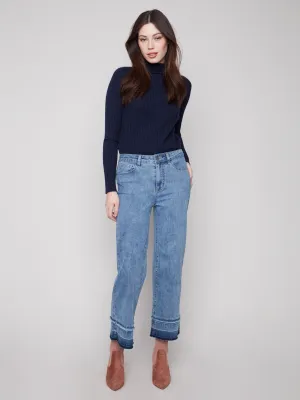Lightweight Morning Stroll Durable Flare Leg Jeans With Fringed Hem - Medium Blue
