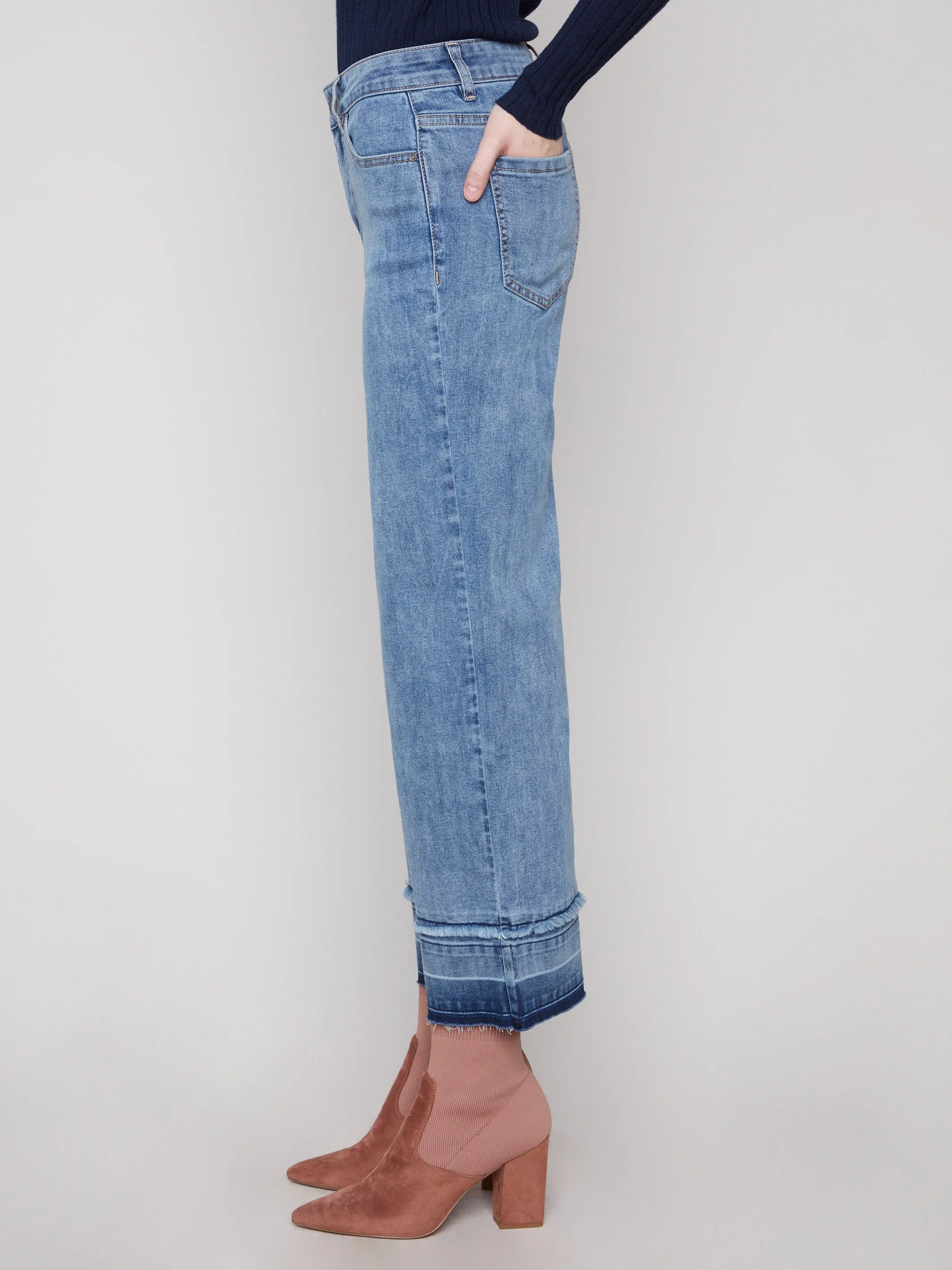 Color Lock Technology Timeless Look Flare Leg Jeans With Fringed Hem - Medium Blue