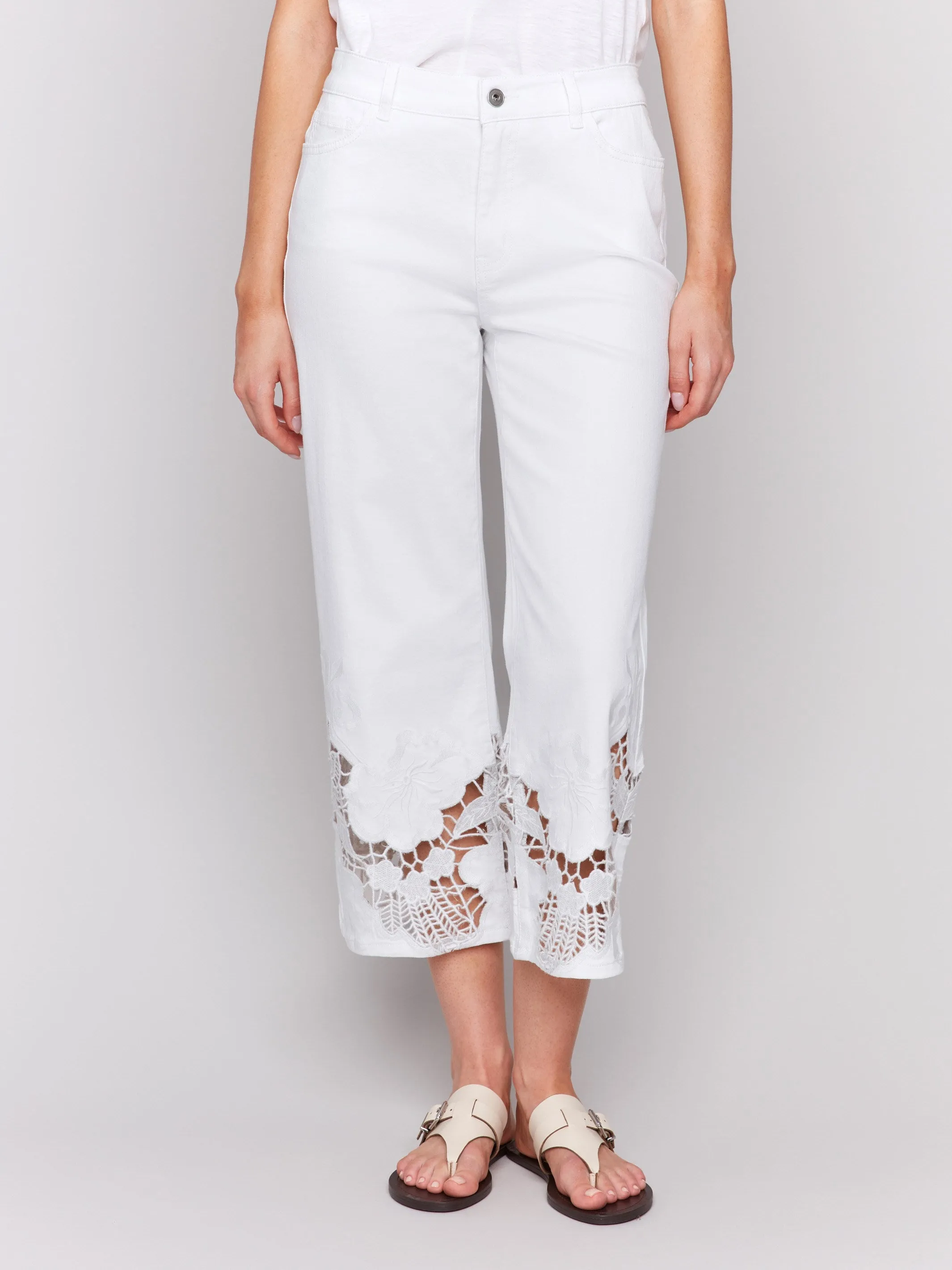 Cropped Flare Leg Jeans with Lace Hem - White Non Stretch Denim Street Look