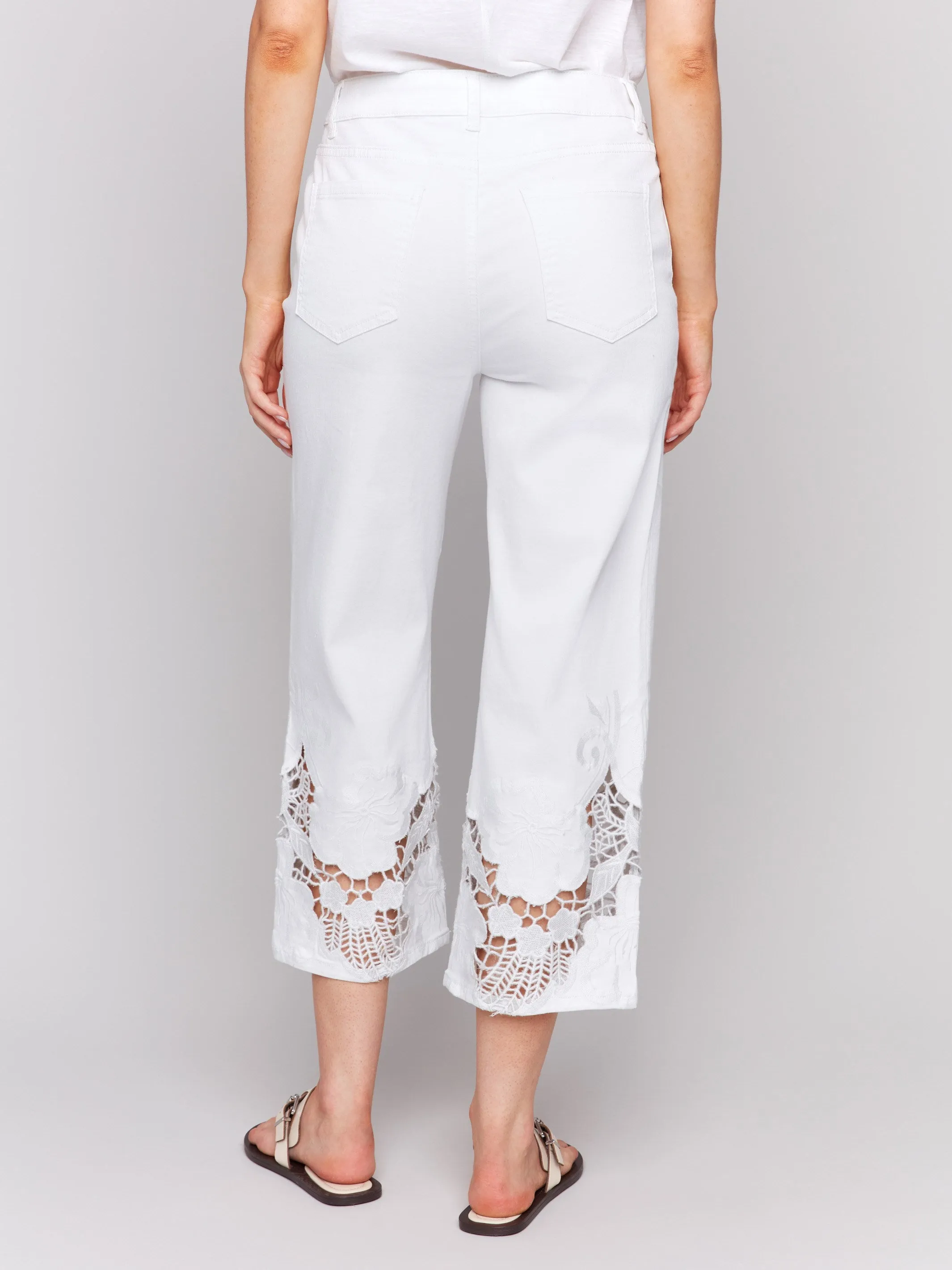 Cropped Flare Leg Jeans with Lace Hem - White Clean Style