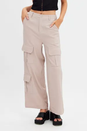 Beige Wide Leg Pants Cargo Pockets Hidden Pocket System