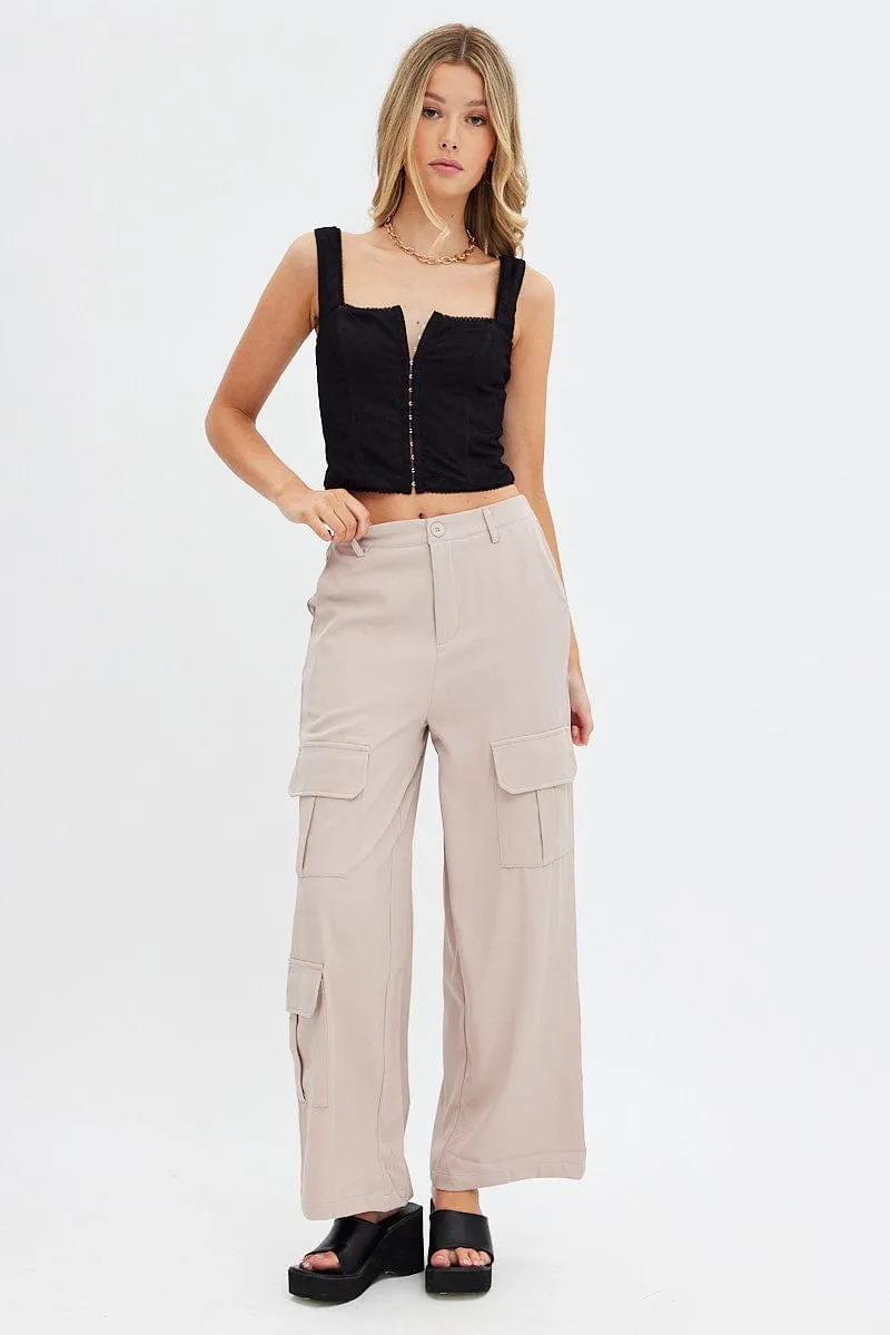 Beige Wide Leg Pants Cargo Pockets pilling resistant