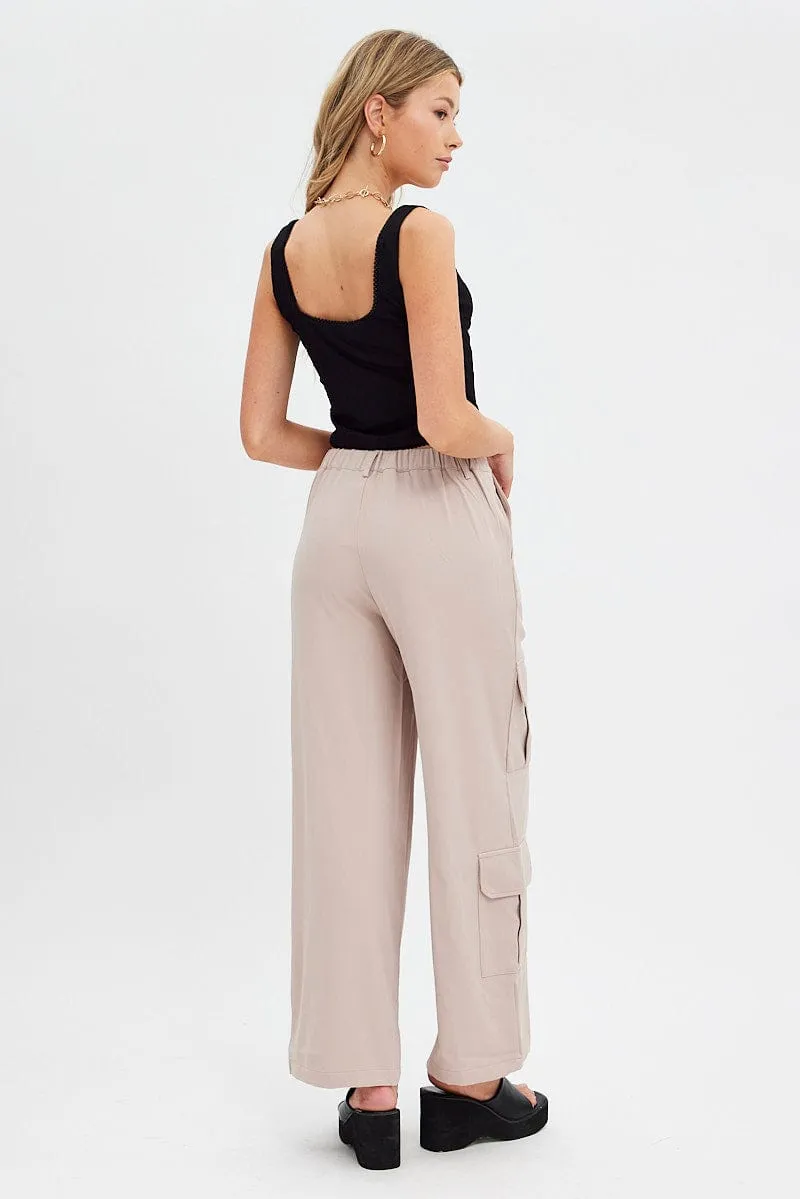 Mesh Lined MultiPocketSystem Beige Wide Leg Pants Cargo Pockets