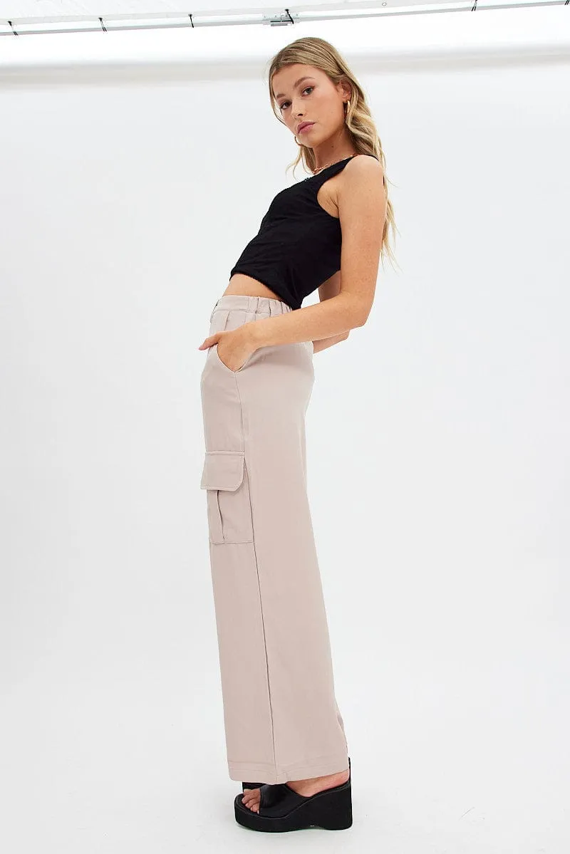 Straight Leg Beige Wide Leg Pants Cargo Pockets