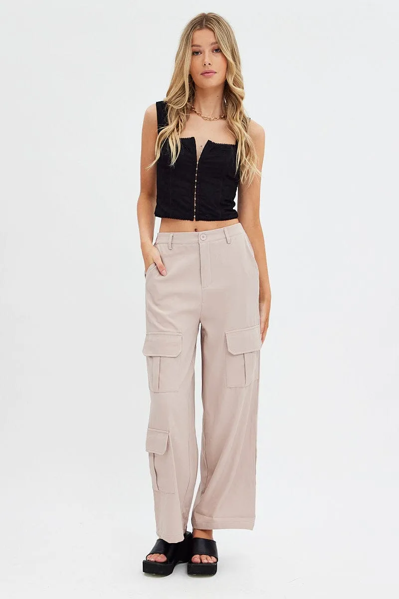 Beige Wide Leg Pants Cargo Pockets Relaxed Waist Travel Ready Fit