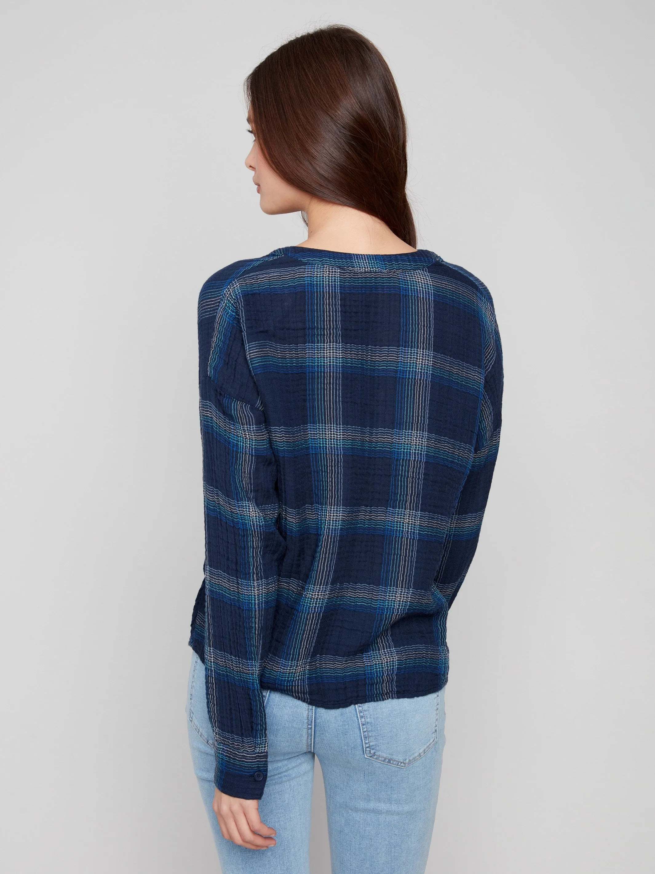 Earth Glow Plaid Double Gauze Blouse With Front Knot - Lapis