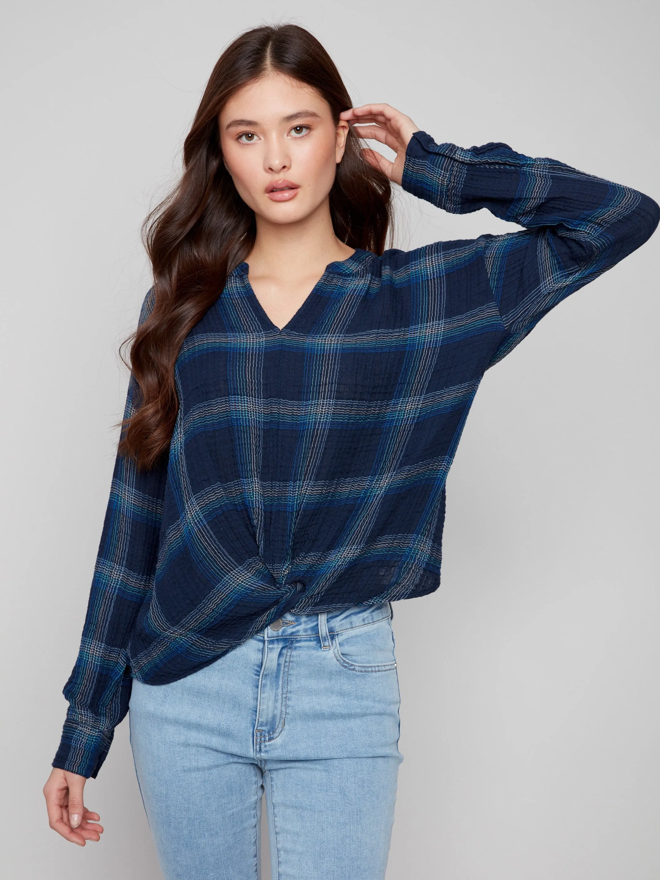 Plaid Double Gauze Blouse With Front Knot - Lapis Denim style Sheer Fit