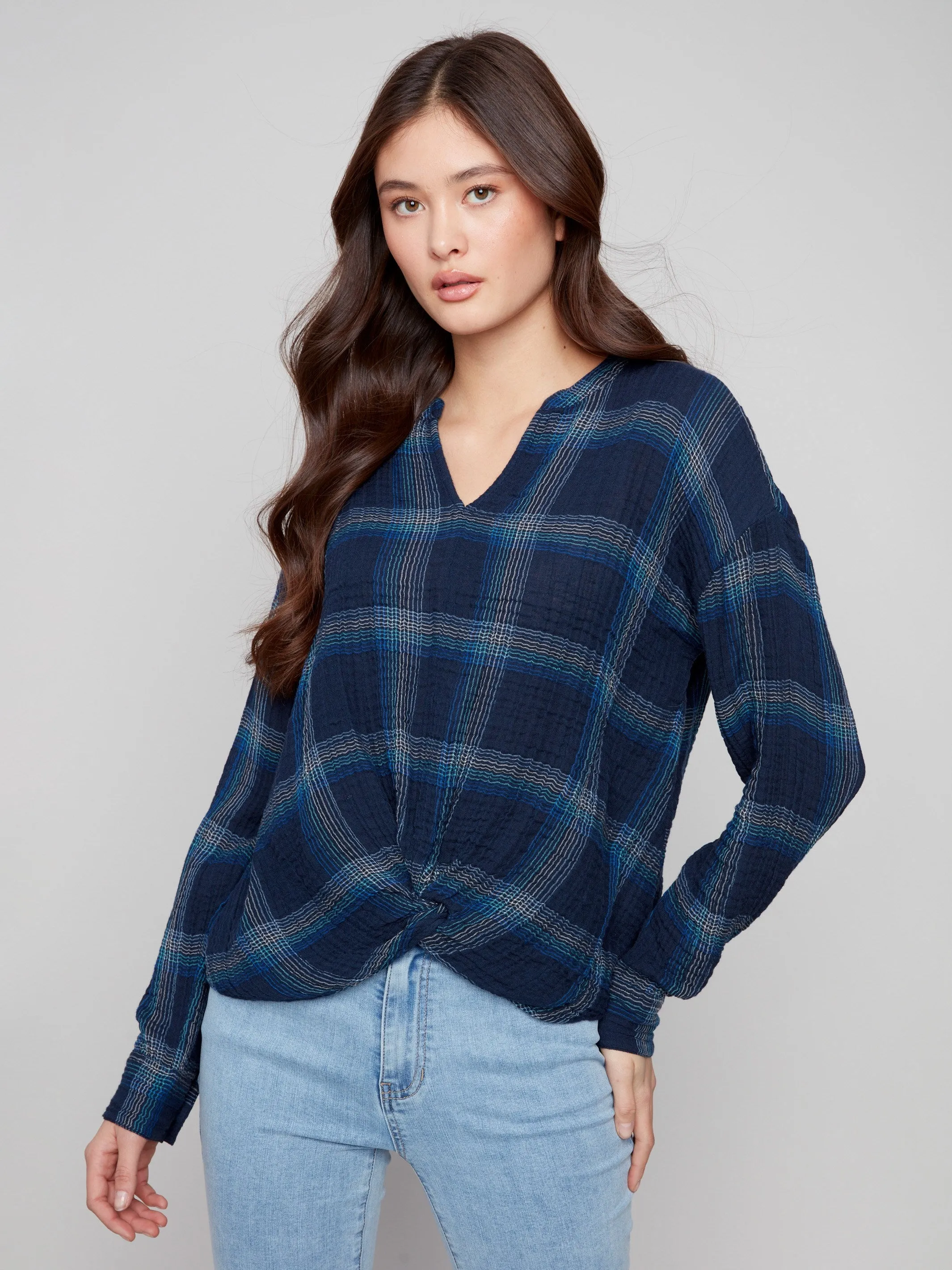 QuickReleaseClosure Plaid Double Gauze Blouse With Front Knot - Lapis