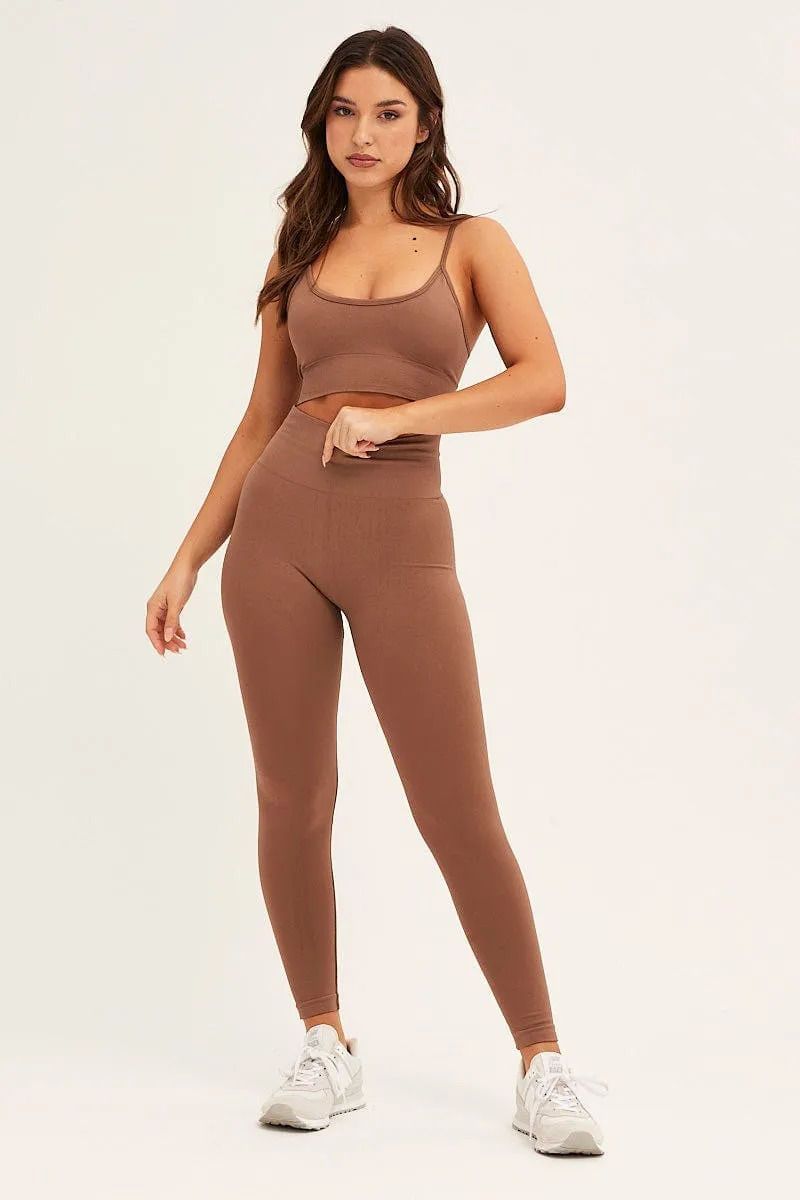 Lightweight Material Stretch Ready Brown Seamless Activewear Top And Pants Set