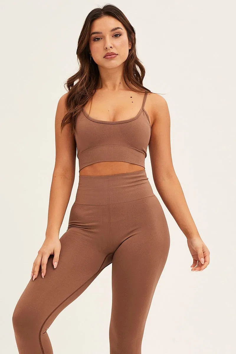 AbrasionResistantPanels Smooth Fabric Brown Seamless Activewear Top And Pants Set