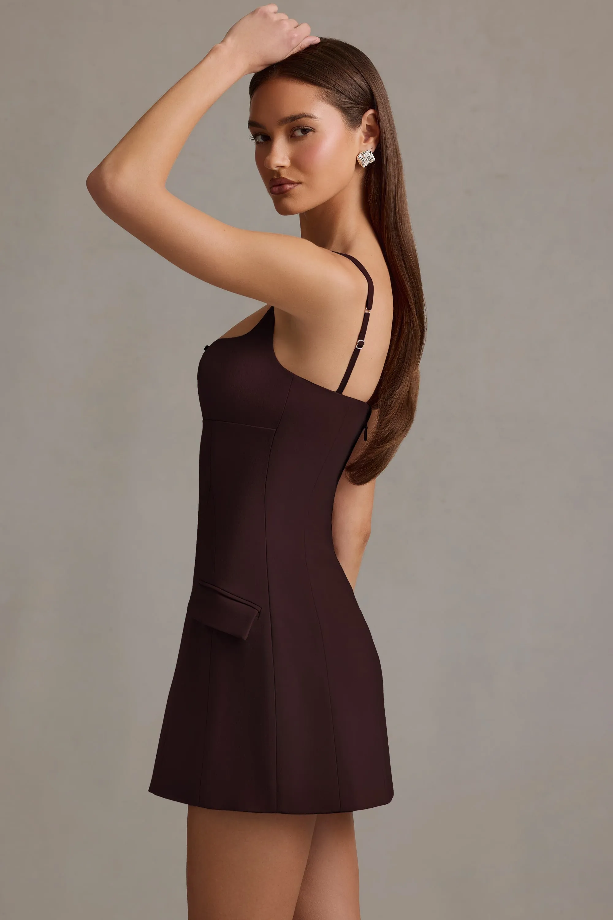 Cut-Out Structured A-Line Mini Dress in Chocolate Brown Head Turn