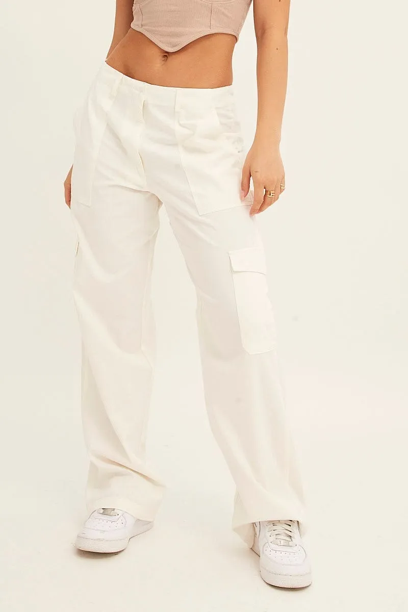 Lightweight Fabric Urban Fit White Cargo Pant Mid Rise