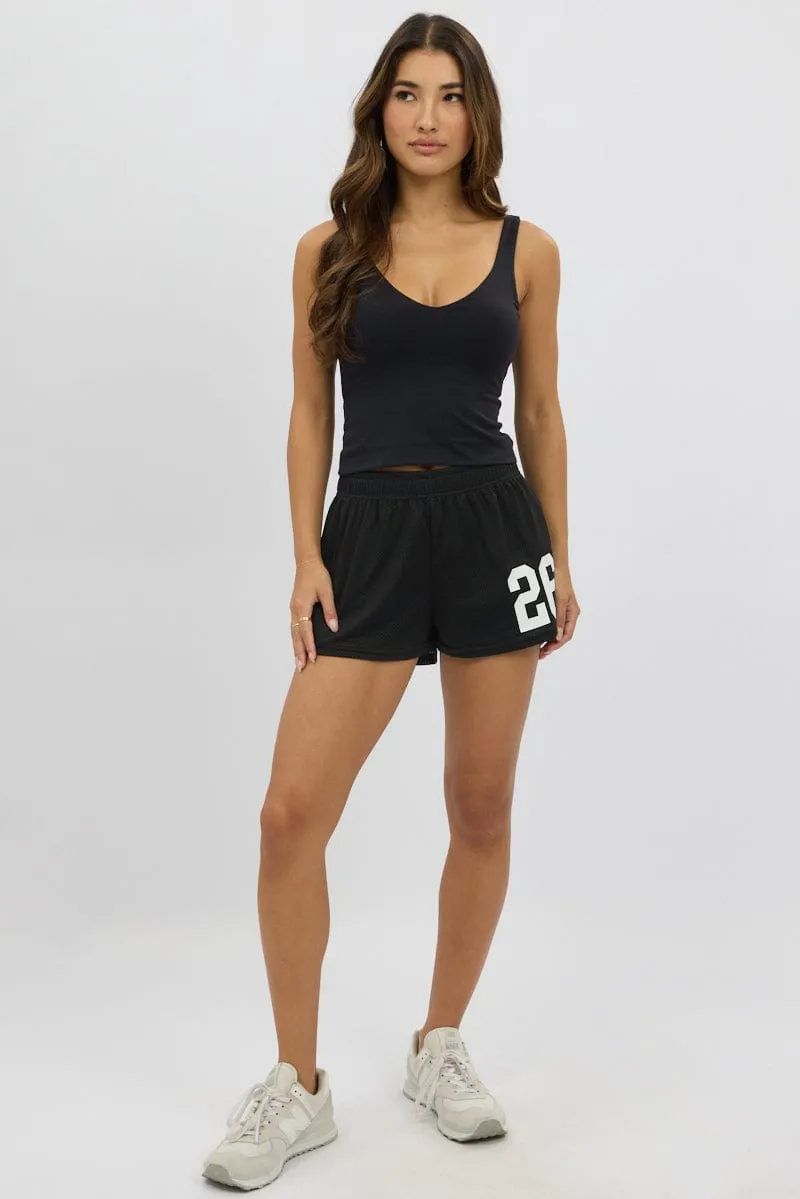Double Layered Knees Geometric Pattern Black Track Shorts Elastic Waist