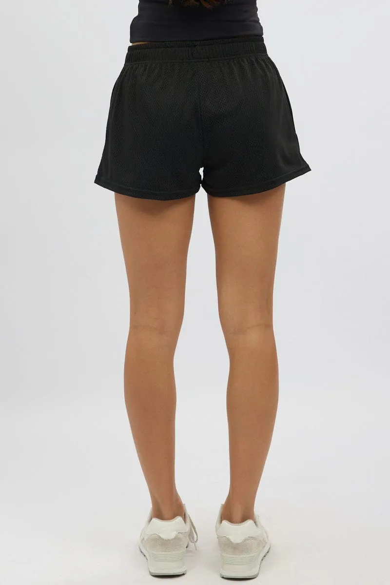 Black Track Shorts Elastic Waist Quick Pocket Access