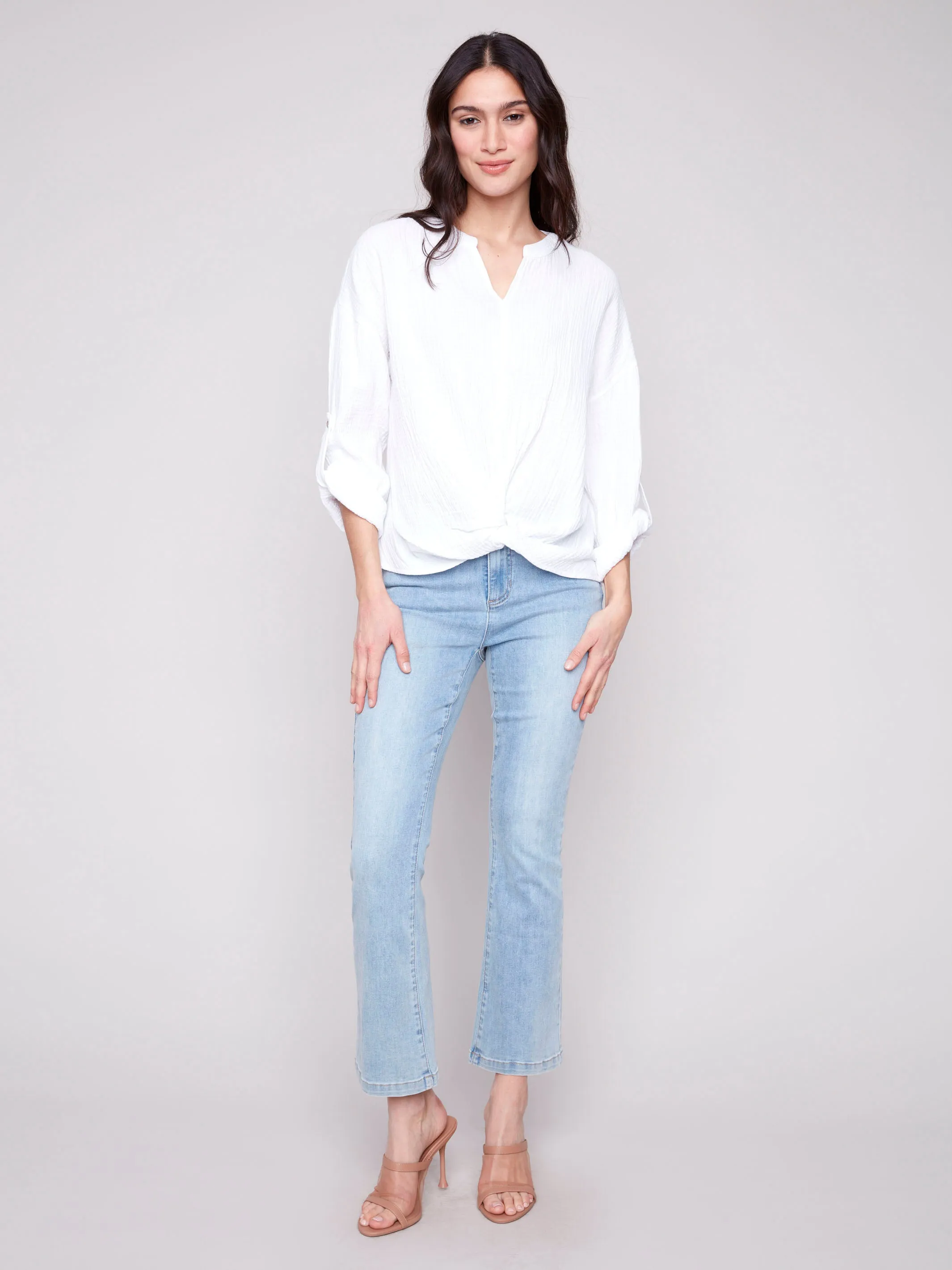 Street Icon warm fleece Bubble Cotton Blouse with Front Twist - White