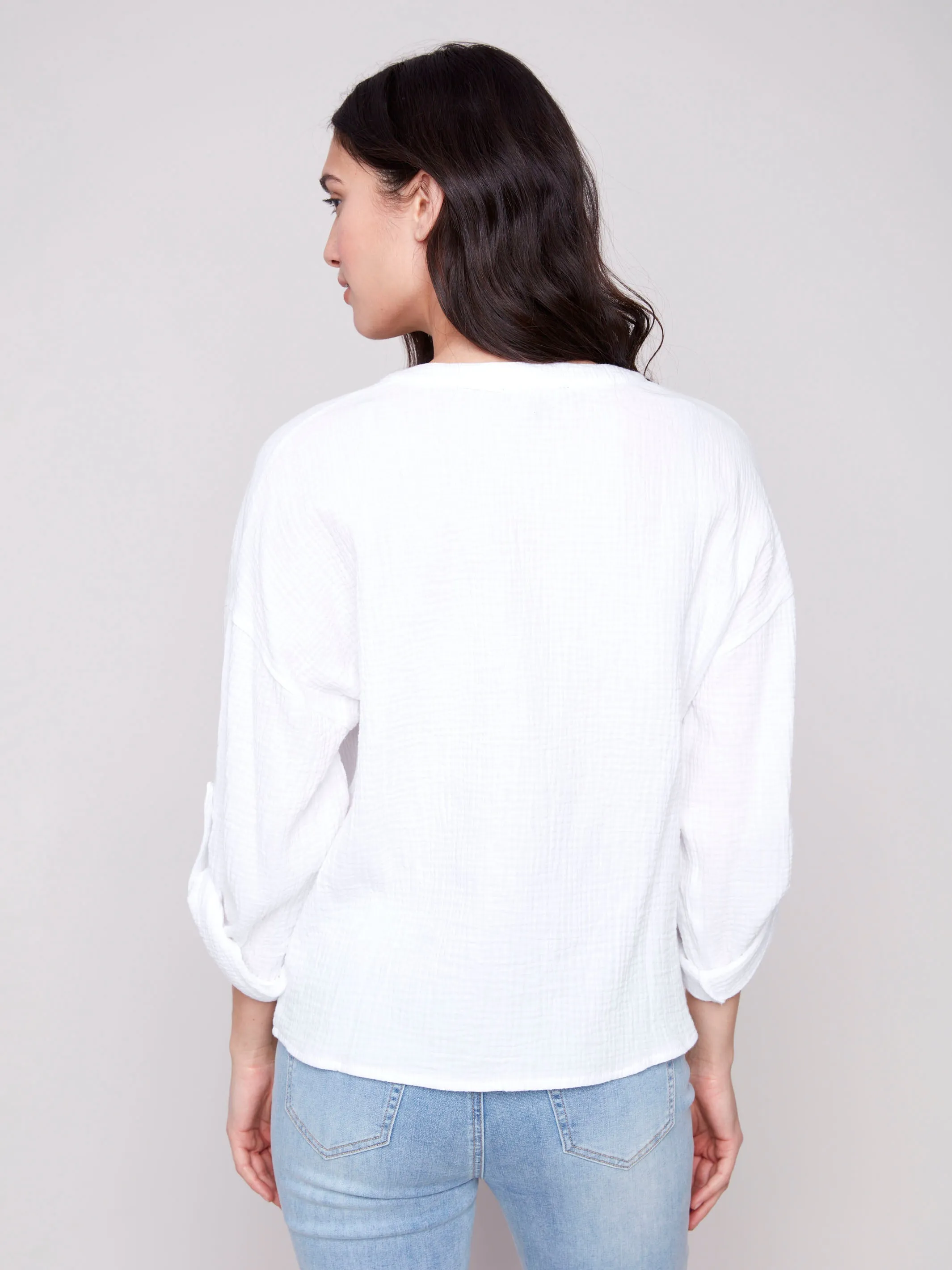 HighDensity Weave Easy Fashion Bubble Cotton Blouse with Front Twist - White