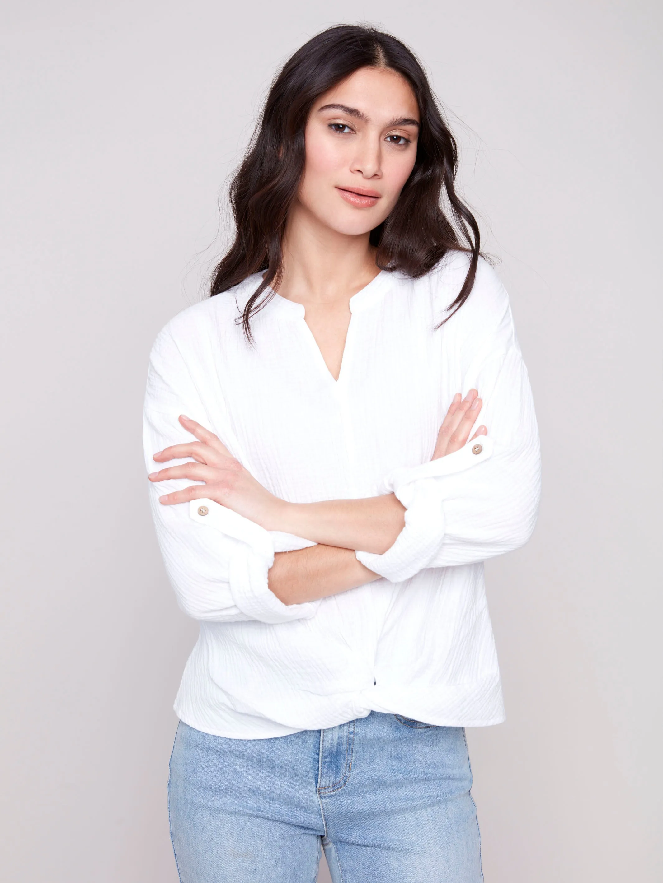 Bubble Cotton Blouse with Front Twist - White AbrasiveReinforcedZones Smooth Yarn