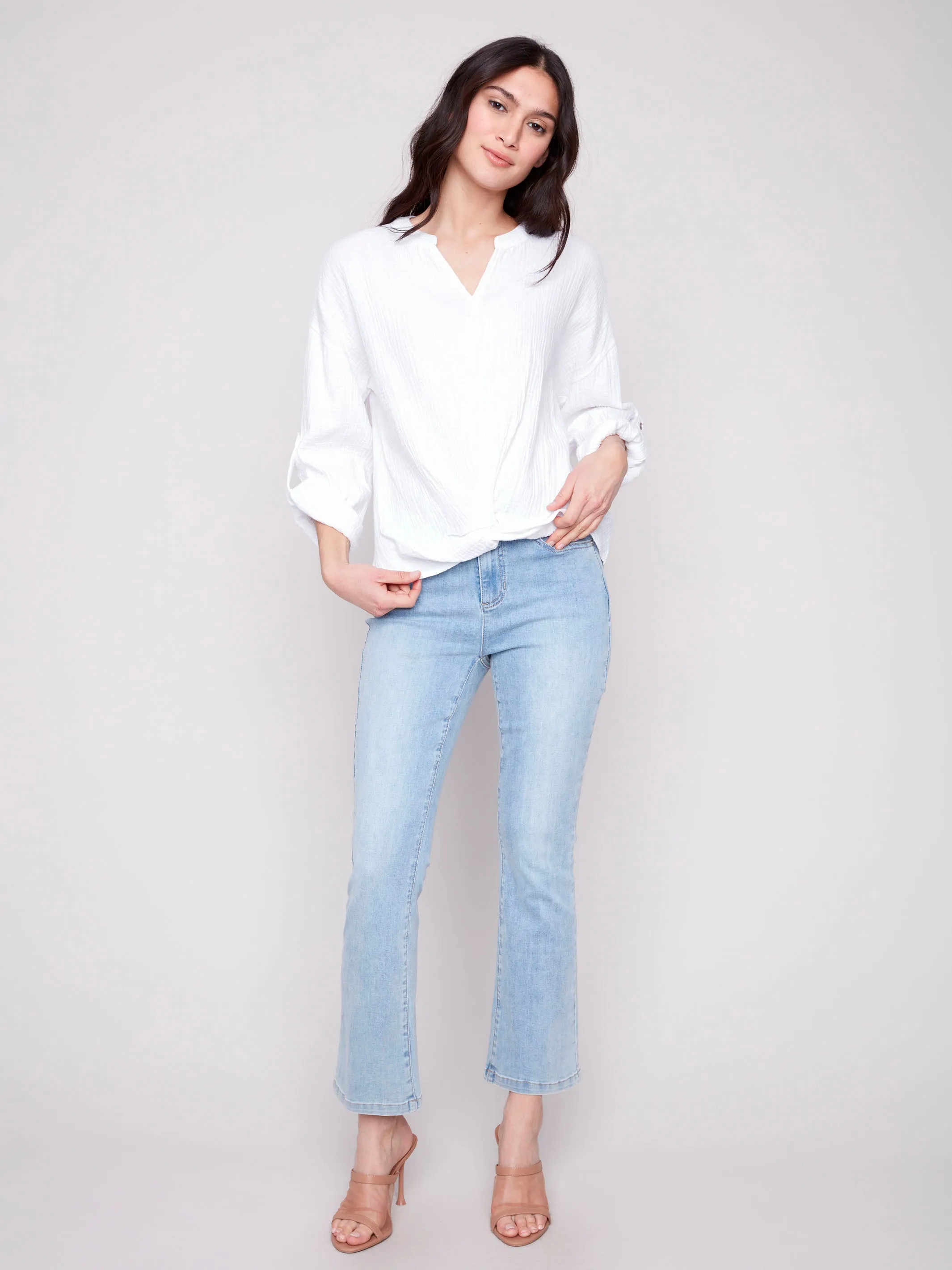 Hidden pockets Bubble Cotton Blouse with Front Twist - White