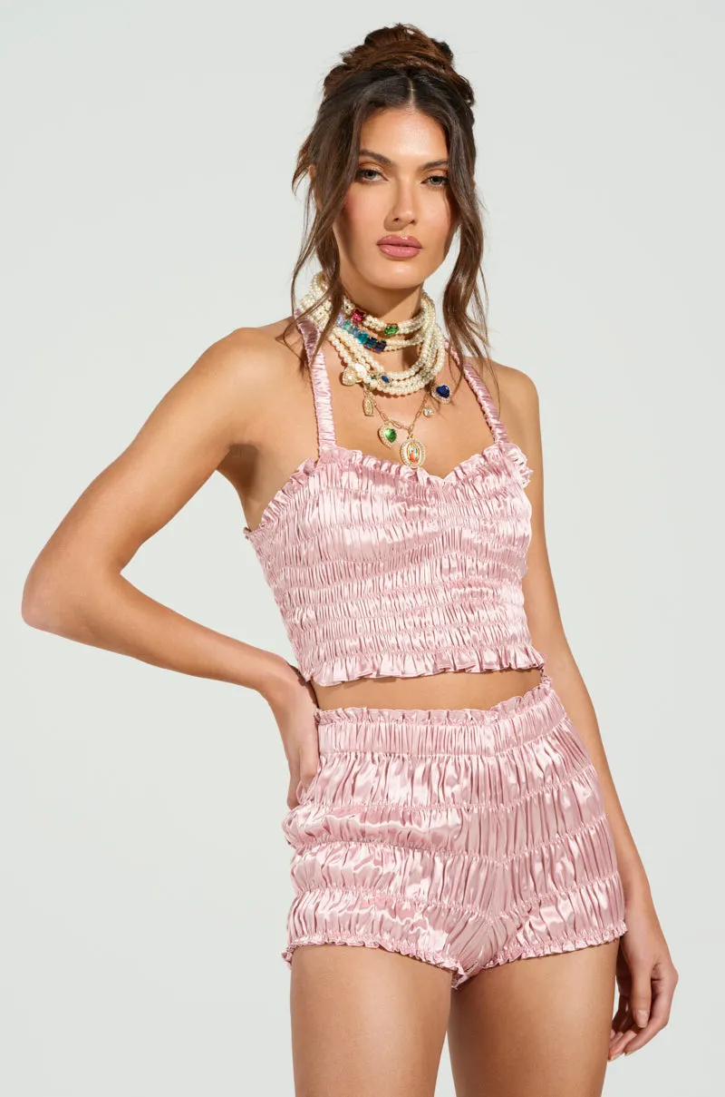 Stay Flexible fuel efficient BABY DOLL RUCHED SATIN HALTER TOP