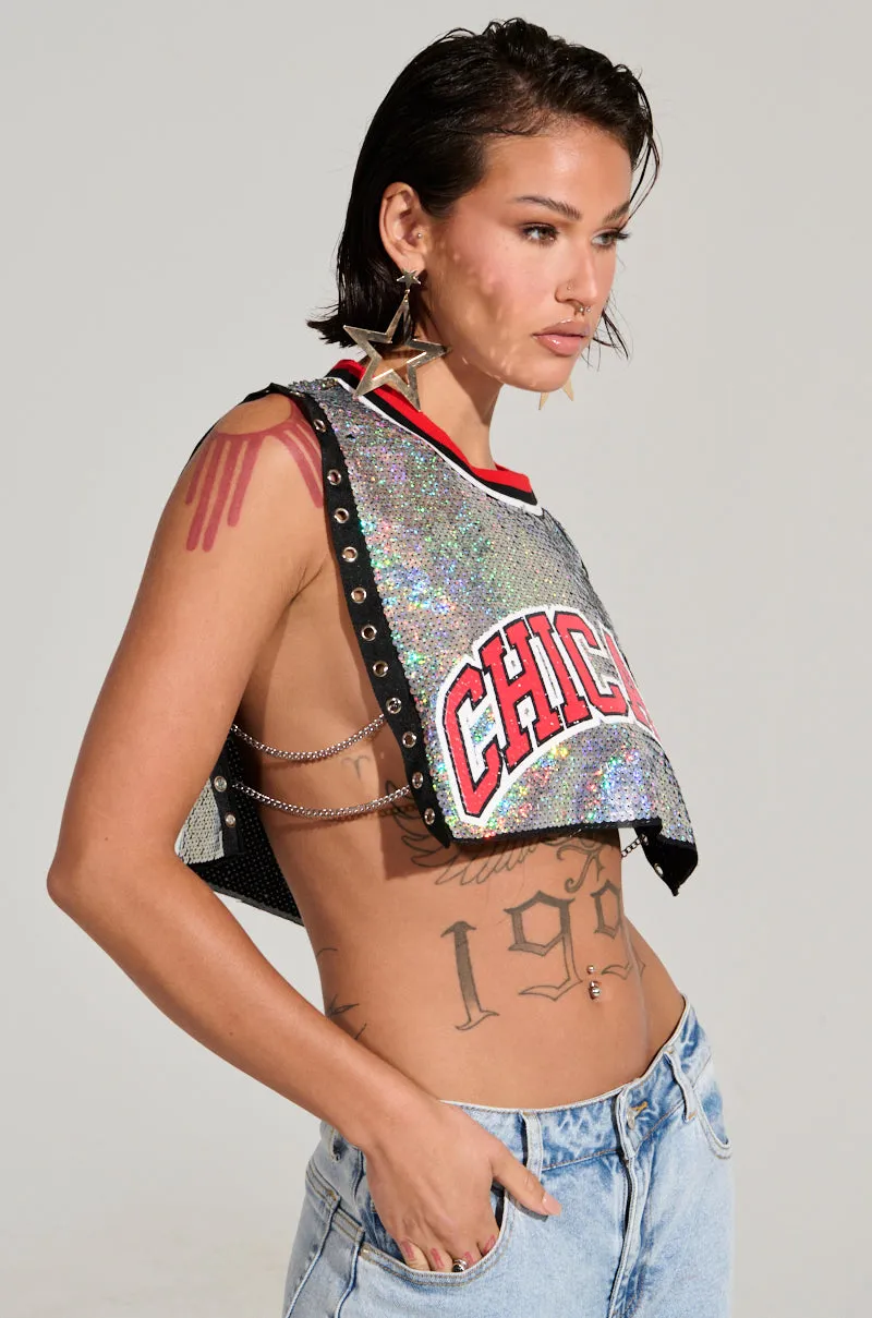 CHICAGO SEQUIN CROPPED TANK Stretch Fiber Blend High Collar