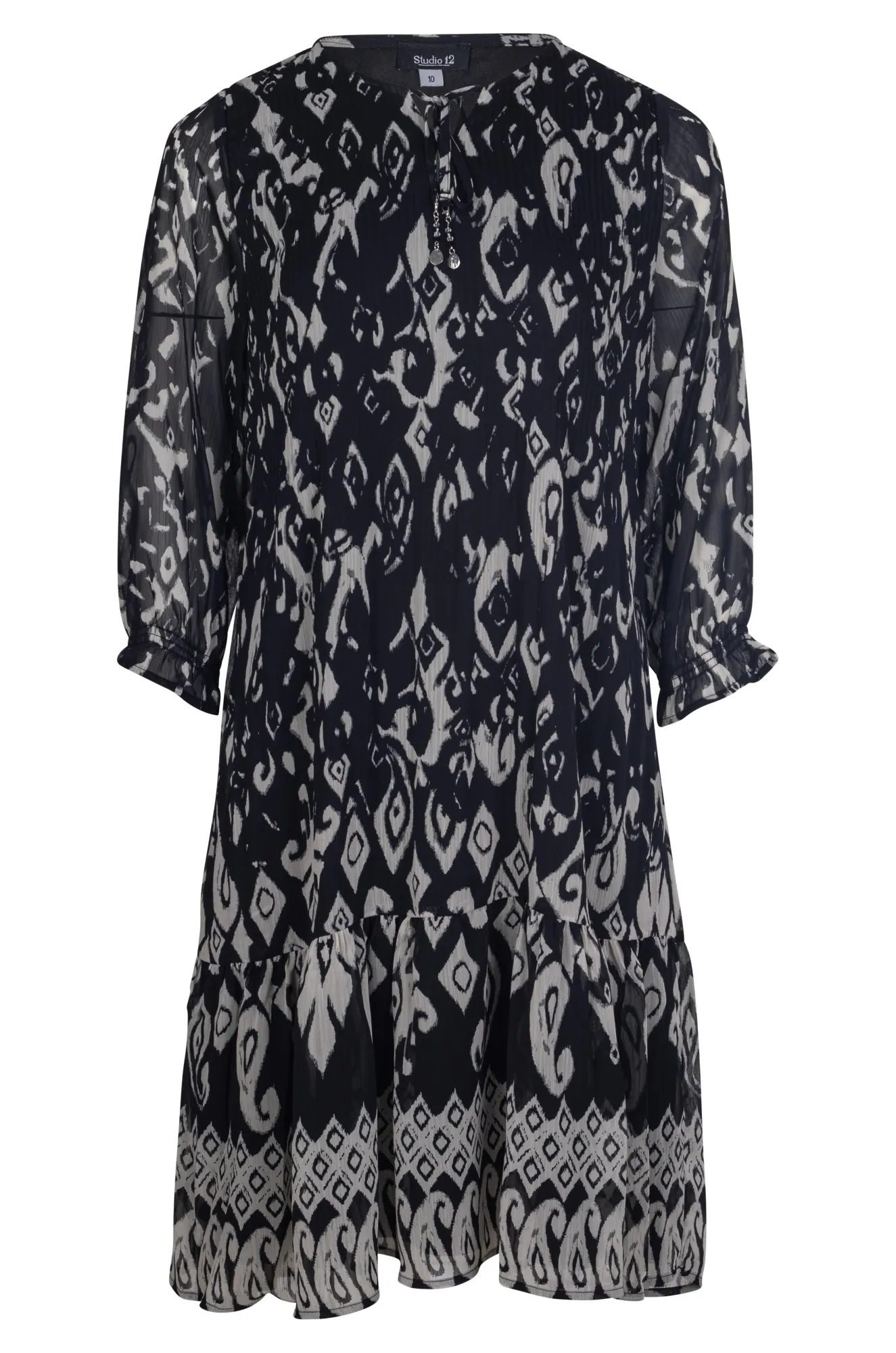 Comfortable Shorts OdorControl Technology Mini pleat printed Chiffon Dress | Black Ivory Border | 8579A1