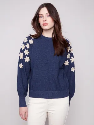 Chilly Day Wear Crew Neck Sweater With Embroidered Flowers - Heather Denim