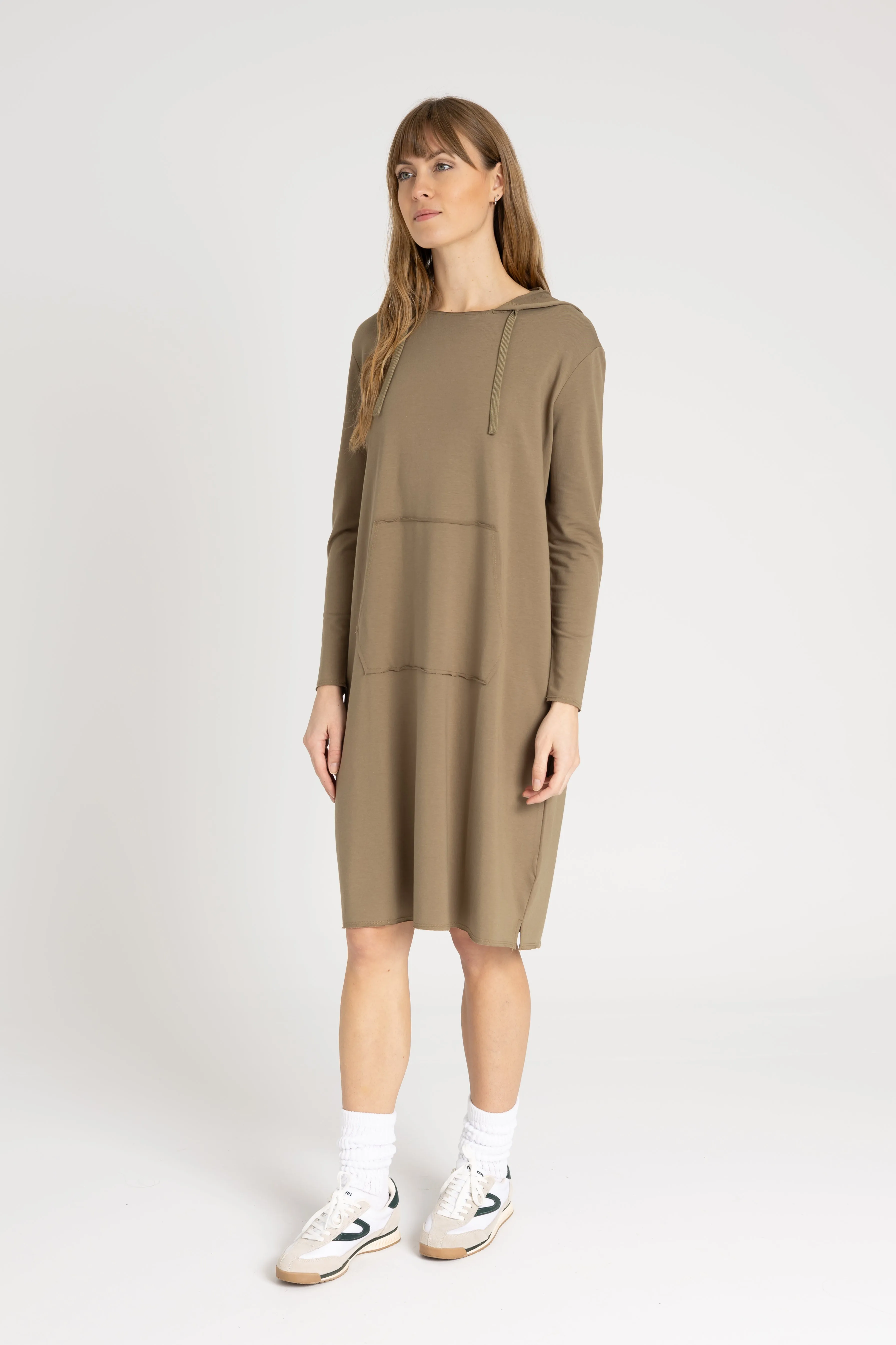 Green Drawstring Hoodie Dress Summer Wear SplitHemDesign