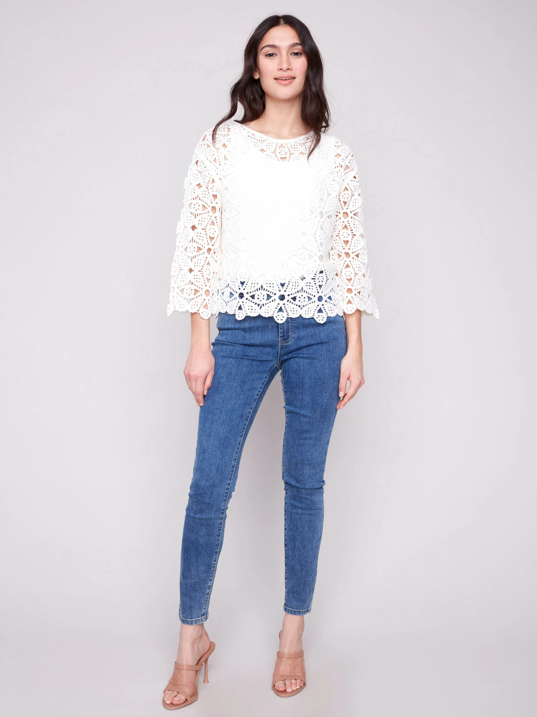Quick drying material Elegant Knit Cotton Blend Crochet Top - Natural