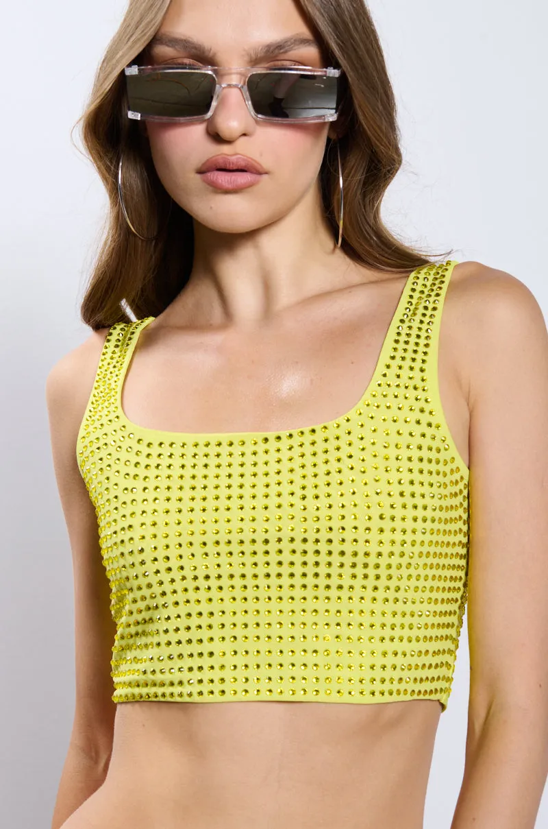 Cross Back Ventilation Design Shock Absorbing IT GIRL ENERGY RHINESTONE EMBELLISHED CROPPED TANK IN GREEN