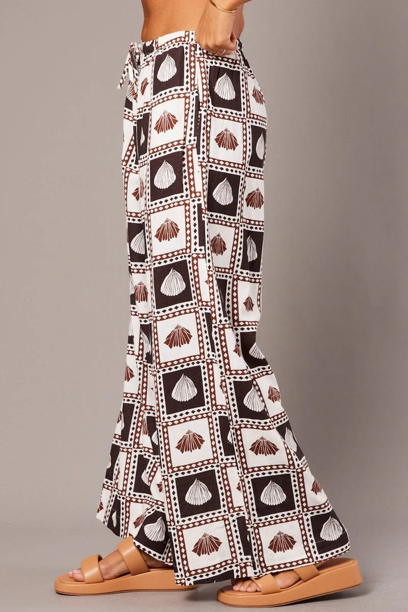 Brown Abstract Wide Leg Pants High Rise All-Purpose Comfort