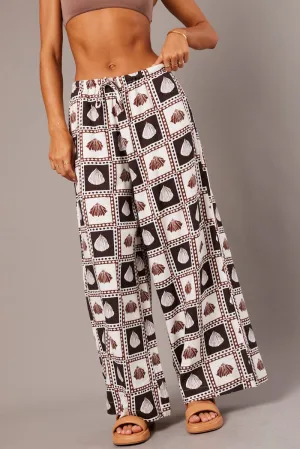 Eco Friendly Dye Process Trendy Design Brown Abstract Wide Leg Pants High Rise