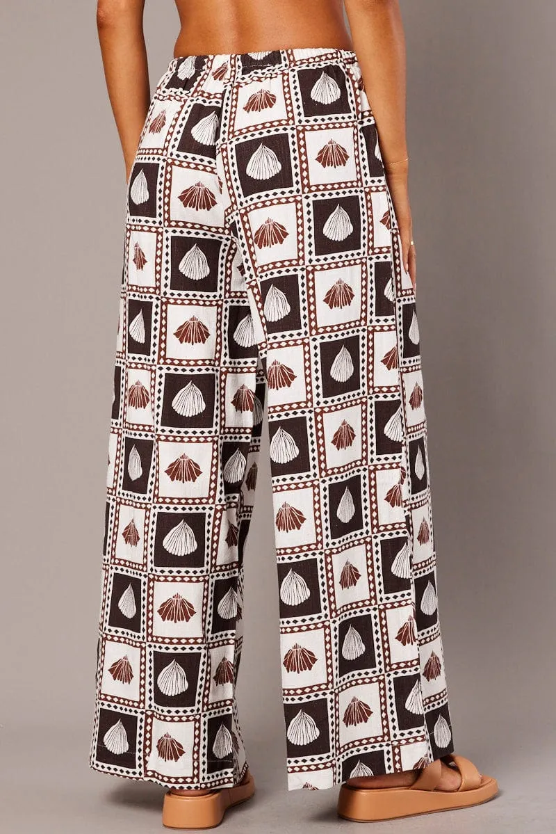 Brown Abstract Wide Leg Pants High Rise FadeResistantTreatment
