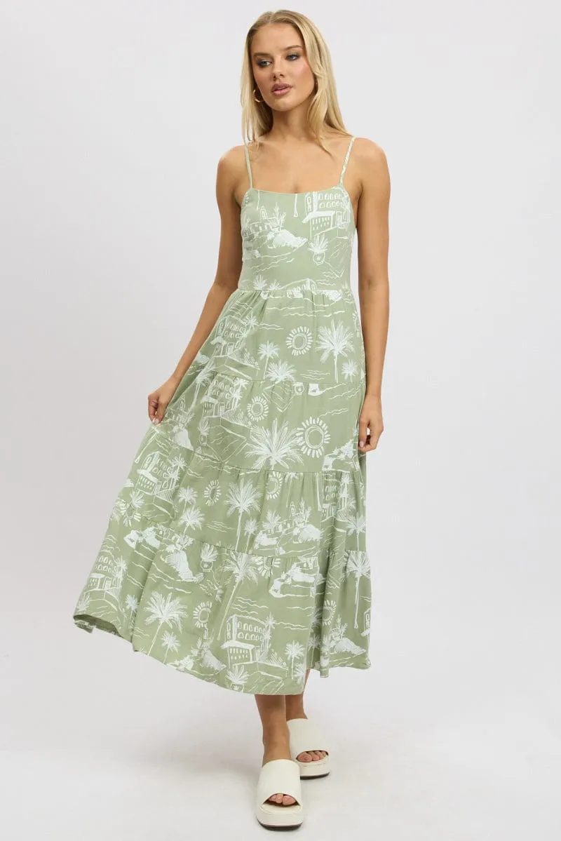 Green Abstract Maxi Dress Tiered Strappy Bronze Tone
