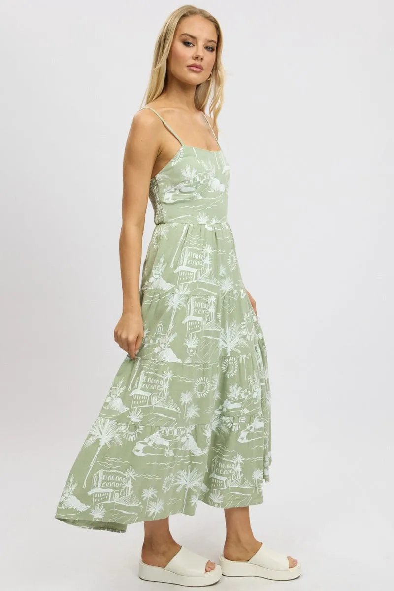 Comfortable party dress Green Abstract Maxi Dress Tiered Strappy