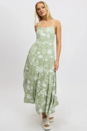 Green Abstract Maxi Dress Tiered Strappy Grand Entry Wardrobe Staple