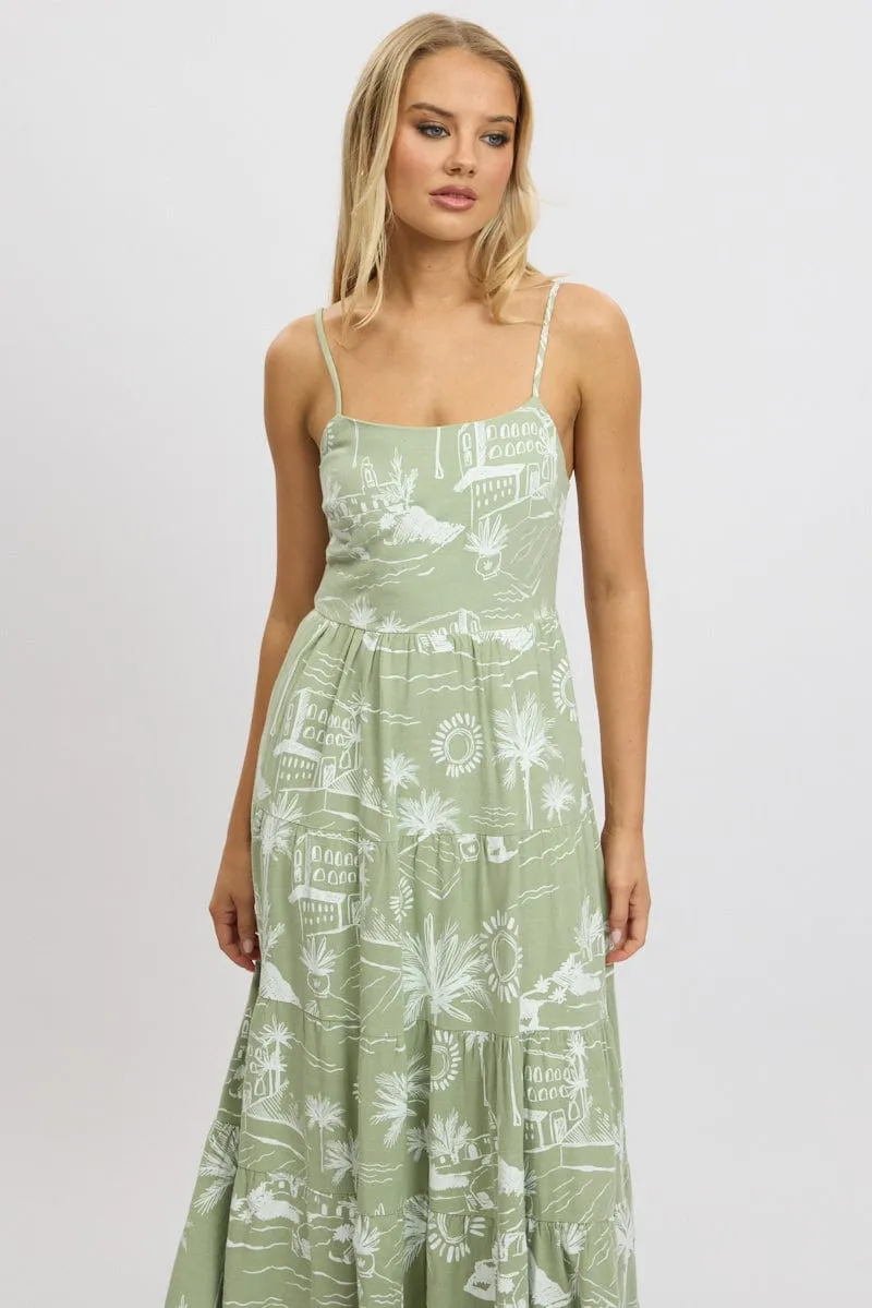 Feminine Energy Green Abstract Maxi Dress Tiered Strappy