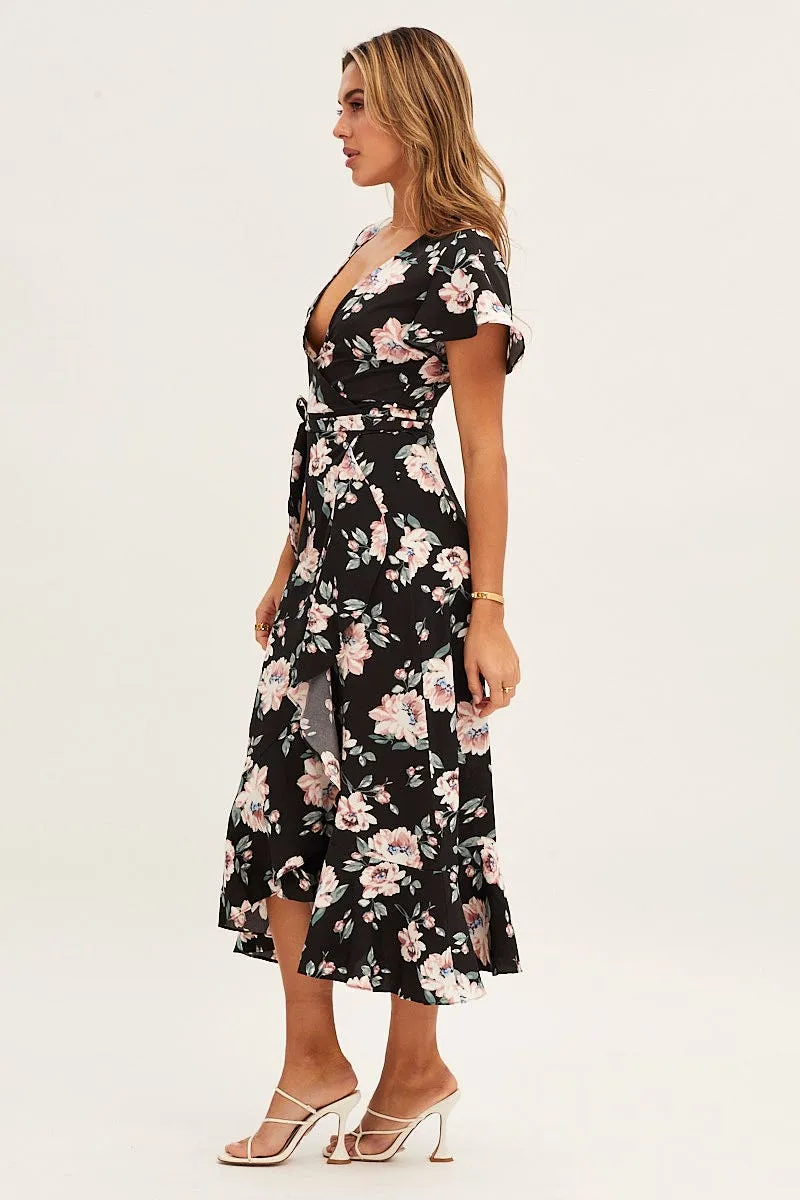 Friend Wedding Print Wrap Midi Dress