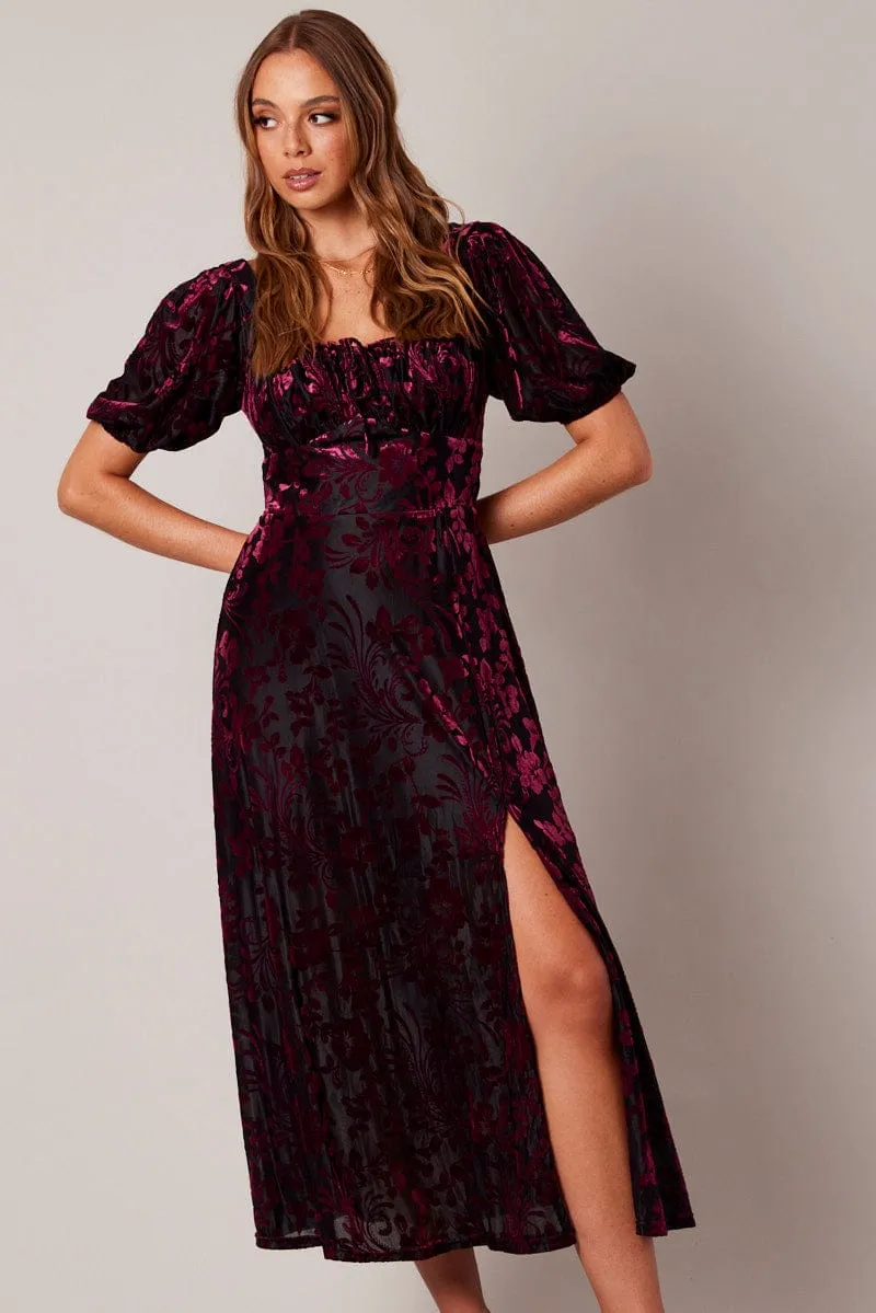 Planet View Red Midi Dress Short Sleeve Side Split