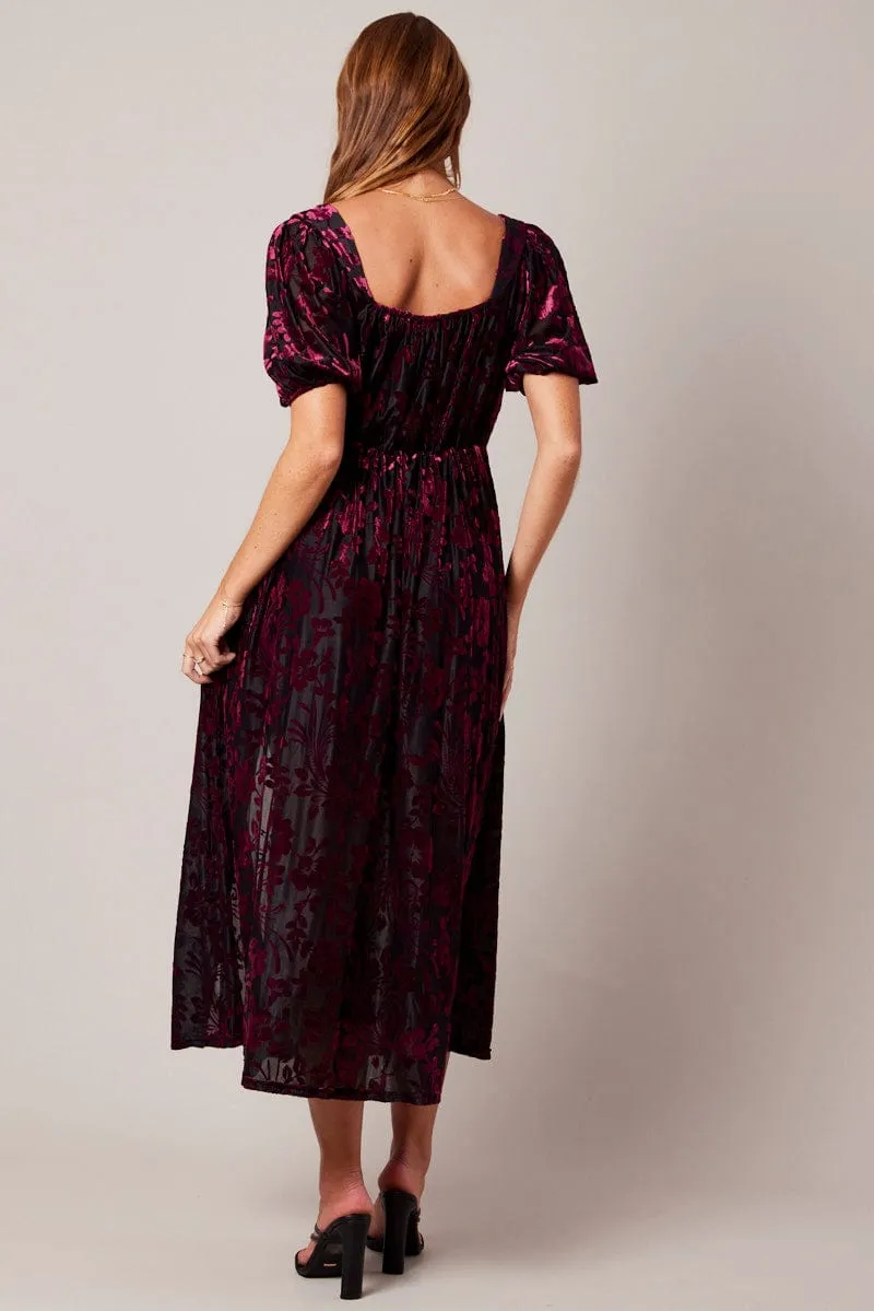 Velvet Smooth Contemporary Wear Red Midi Dress Short Sleeve Side Split