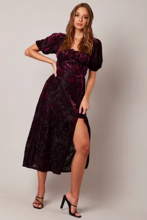 Summer Sun Red Midi Dress Short Sleeve Side Split