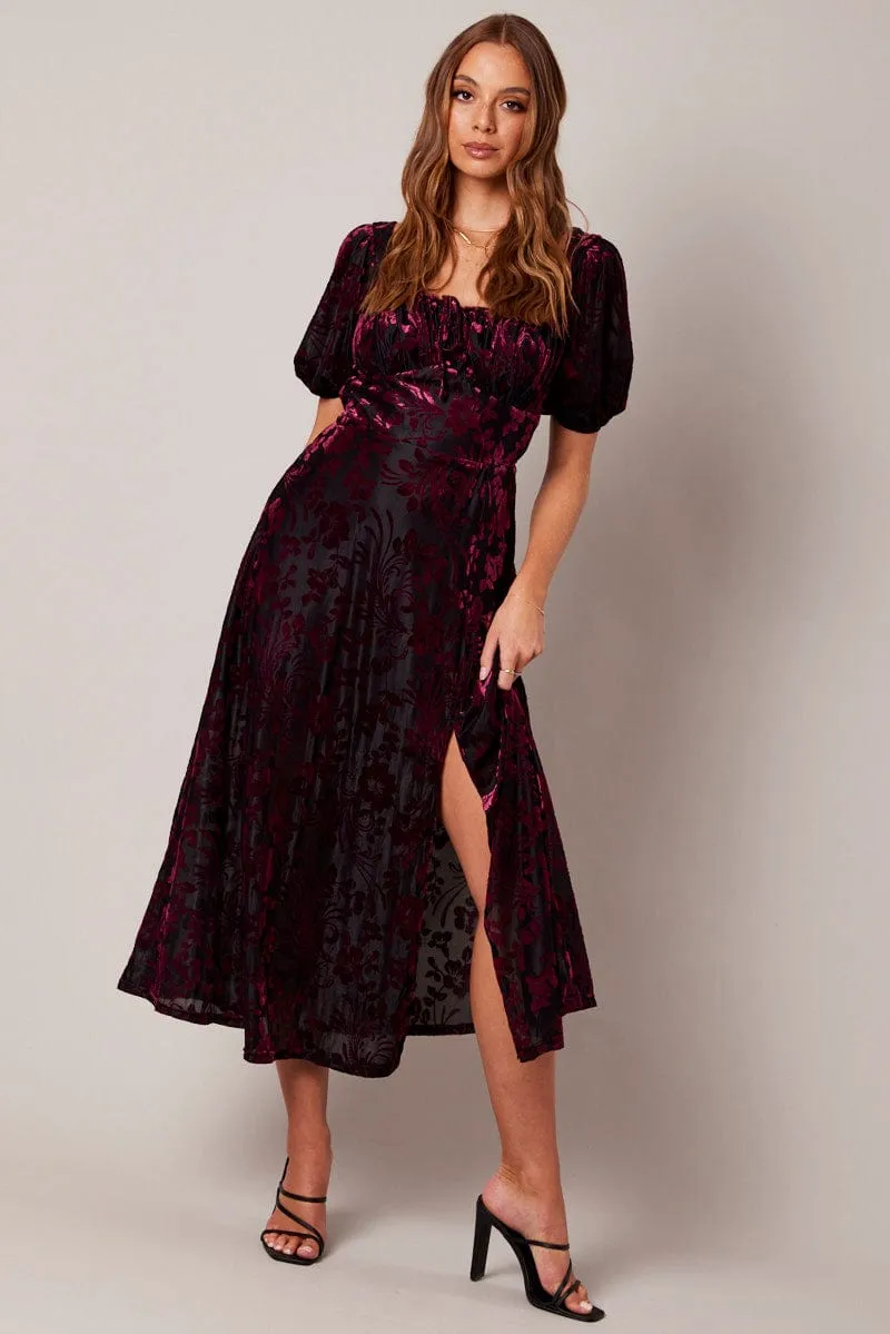 Flattering Outfit Red Midi Dress Short Sleeve Side Split
