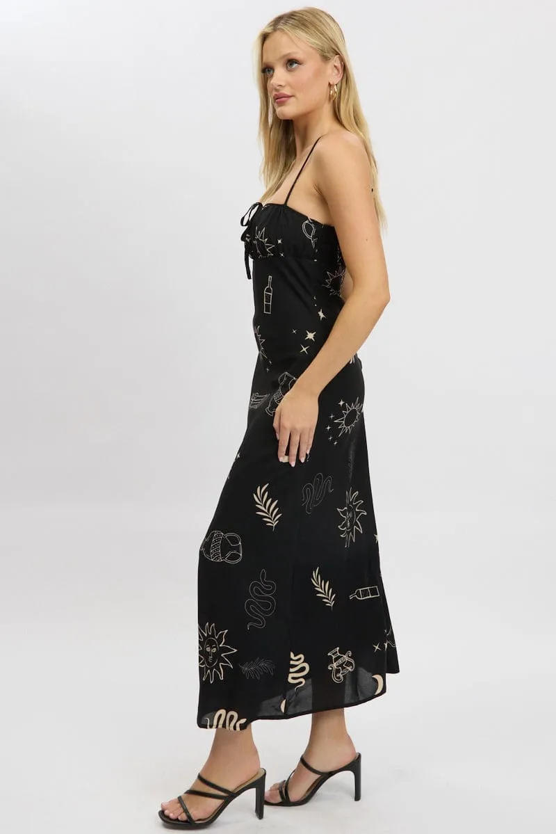 Polished Fashion Fashionable appearance Black Abstract Midi Dress Strappy