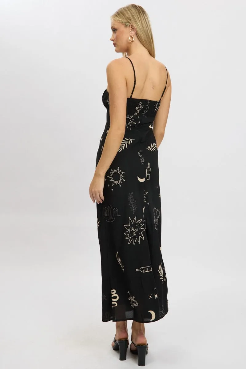 Black Abstract Midi Dress Strappy Daily Smart