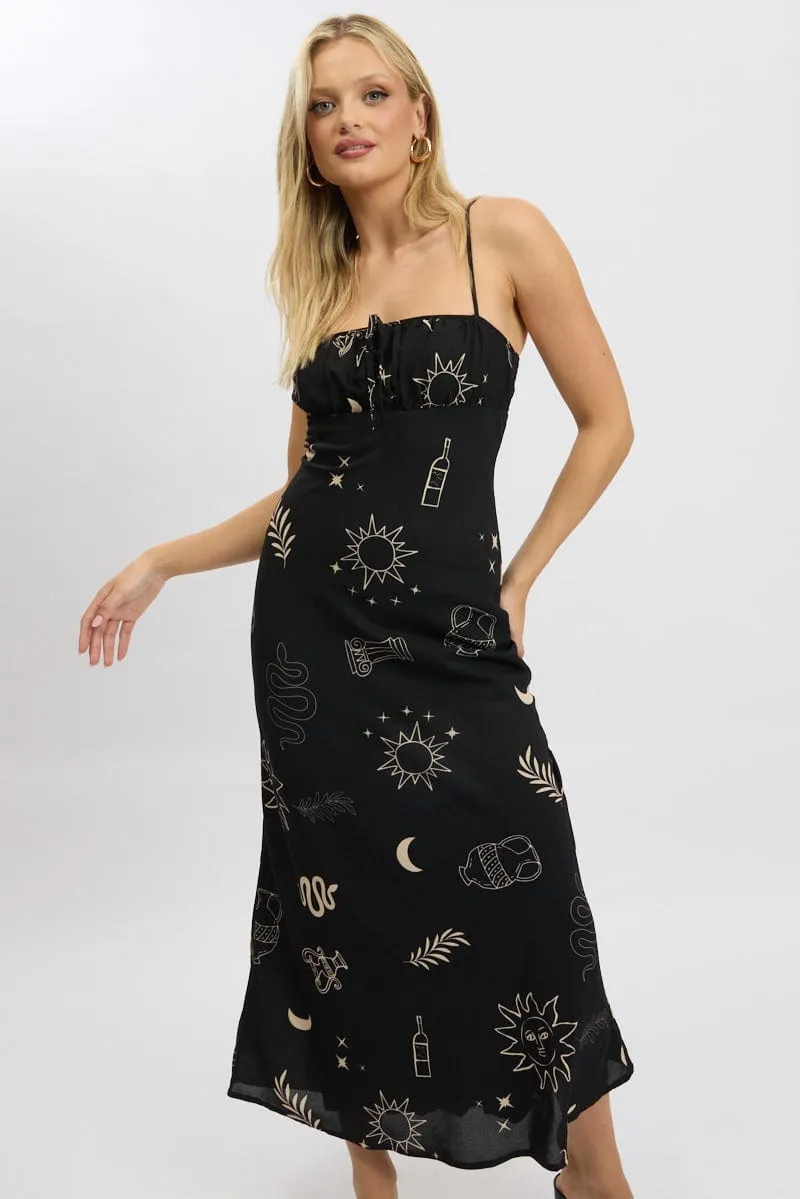 Black Abstract Midi Dress Strappy Trendy casual event dress