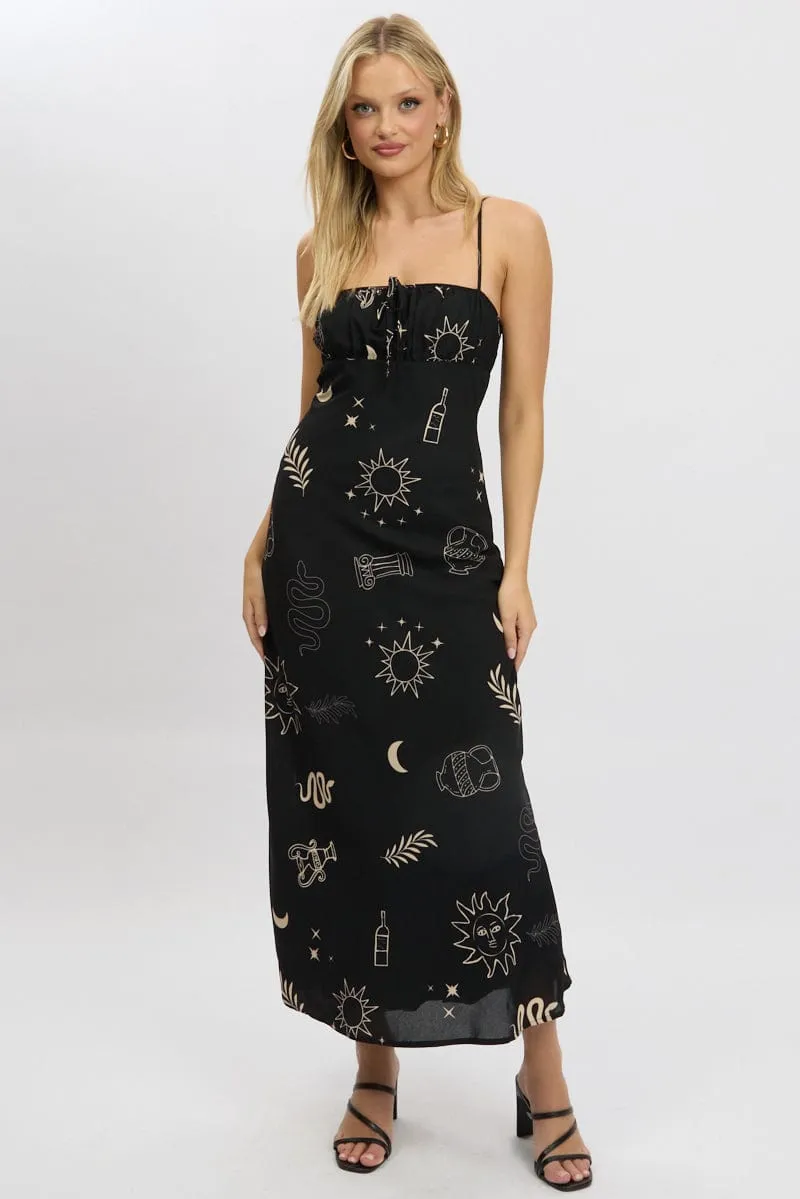 Black Abstract Midi Dress Strappy Art Space Timeless elegance